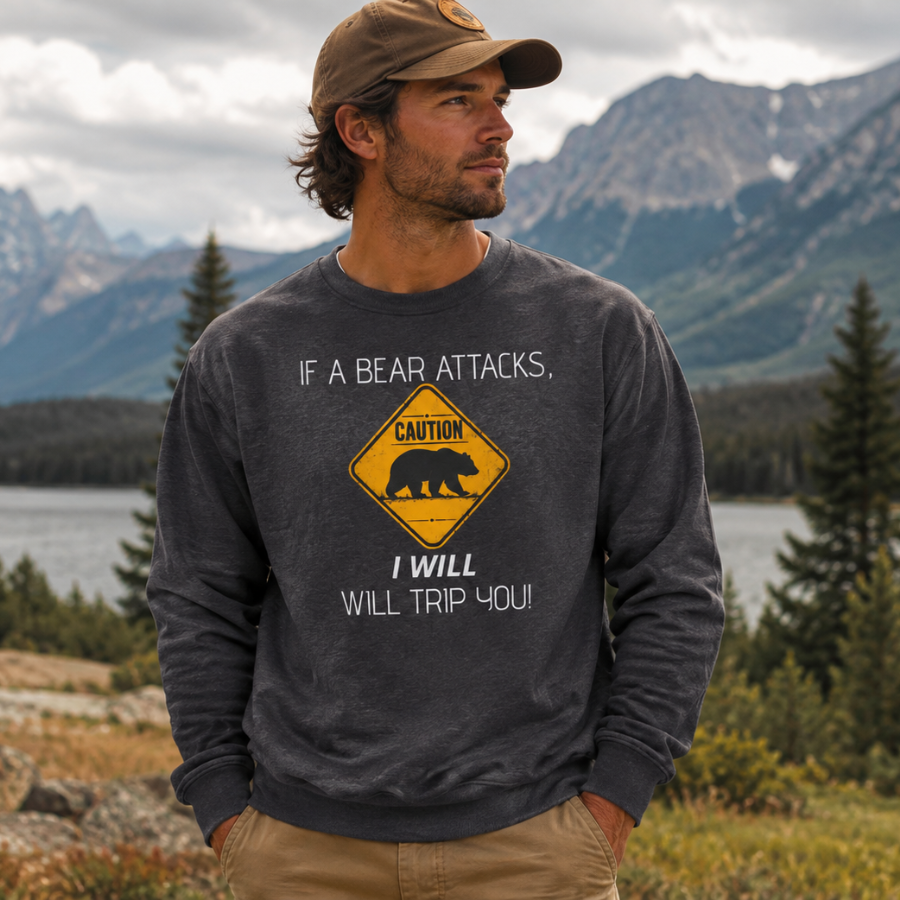 Bear Caution Crewneck Sweatshirt — "If a Bear Attacks, [Your Name] Will Trip You"