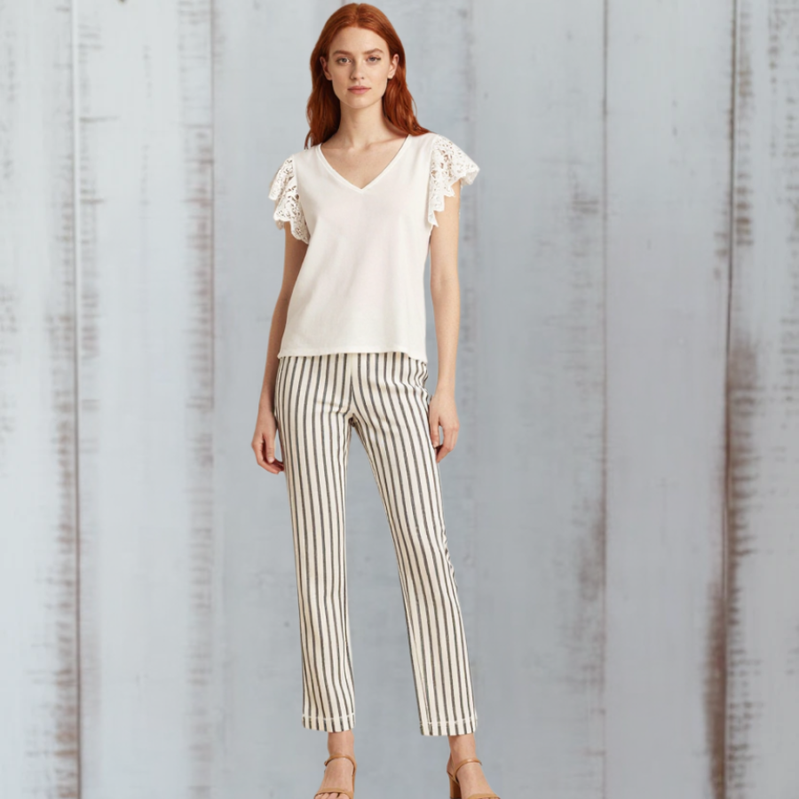 Stripe Denim High Waist Patch Pocket Jeans