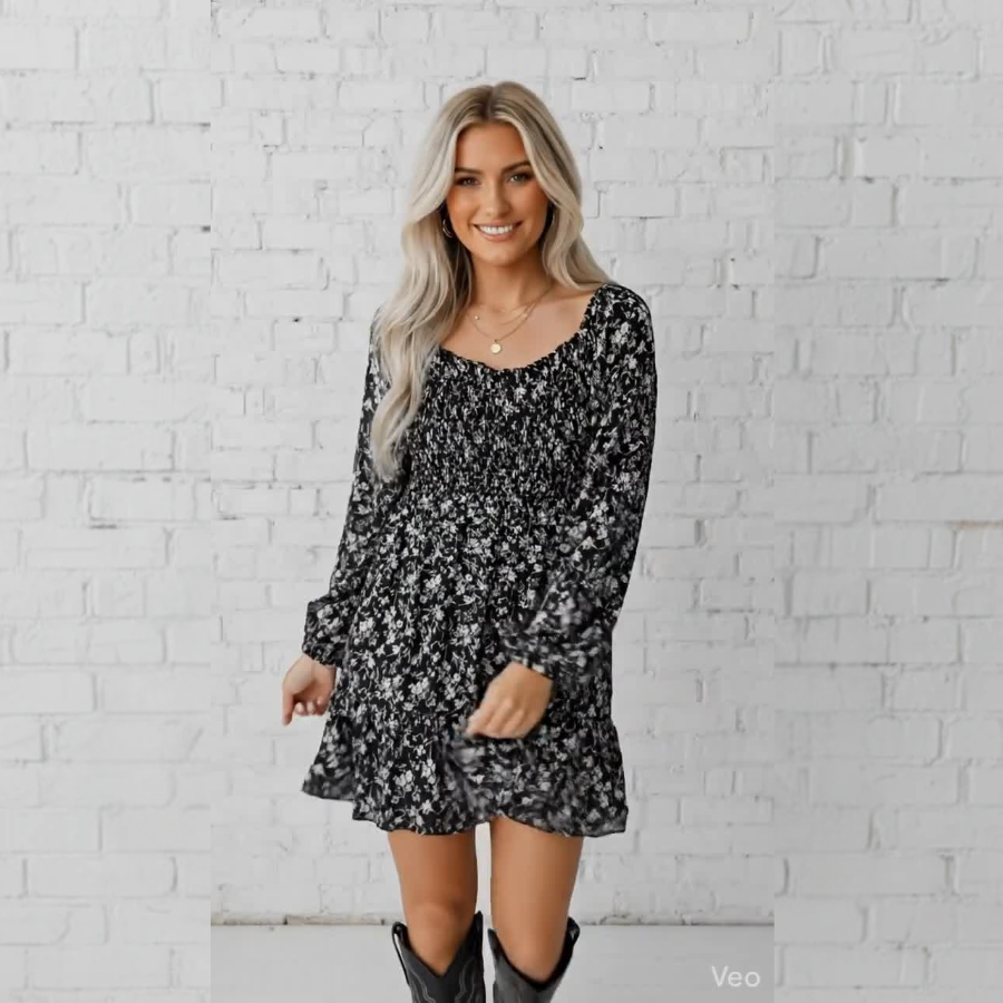 Floral Long Sleeve Frill Square Neck Dress
