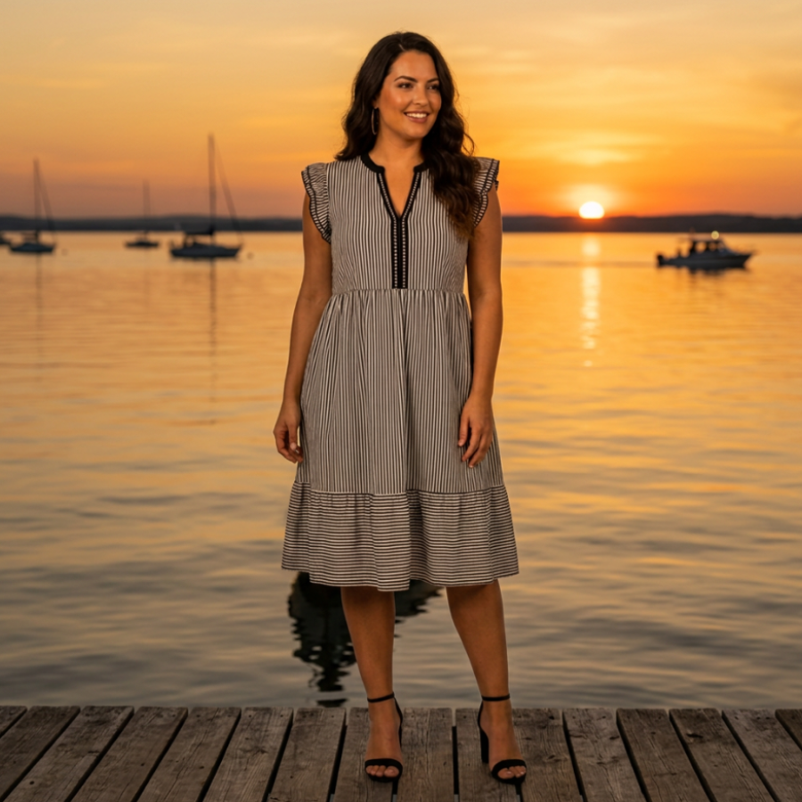 Plus Size Stripe Flutter Sleeve V-Neck Maxi Dress