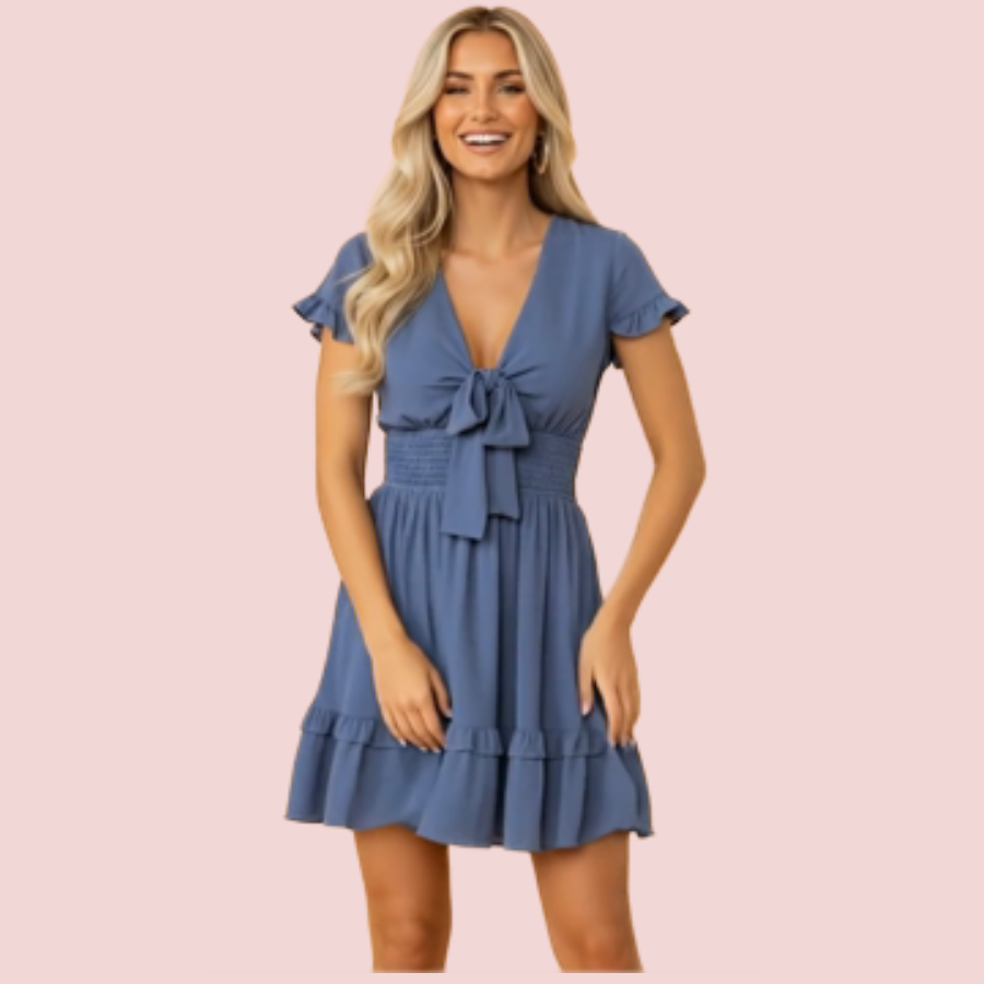 Deep V-Neck Knotted Front Layered Flare Mini Dress