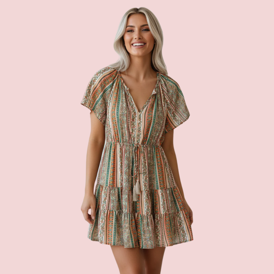 Floral Boho Buttoned V-Neck Ruffle Tiered Dress