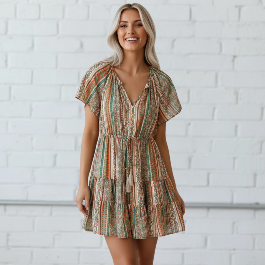 Floral Boho Buttoned V-Neck Ruffle Tiered Dress