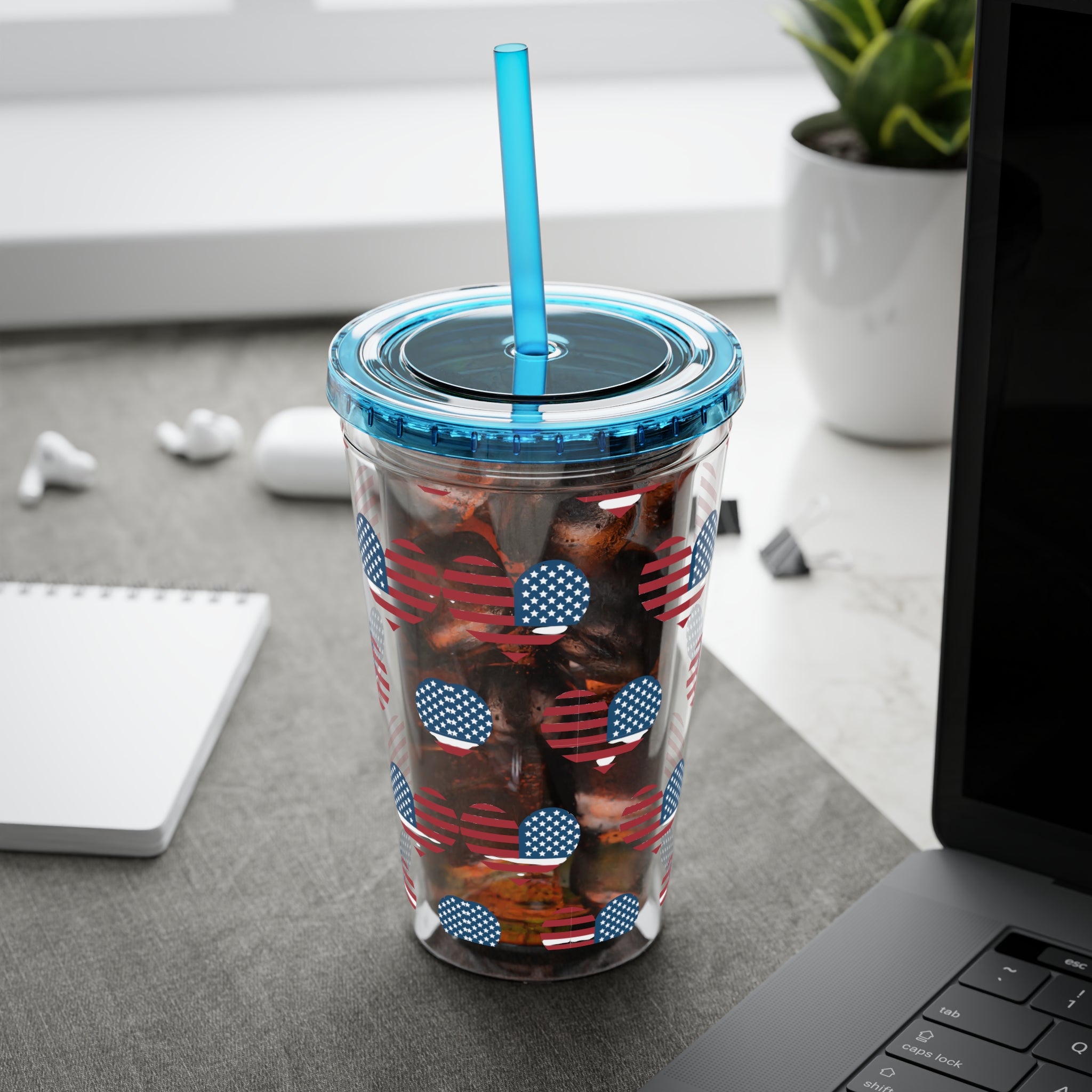 Patriotic Bow 16oz Tumbler with Straw — Red, White & Blue Stars Design