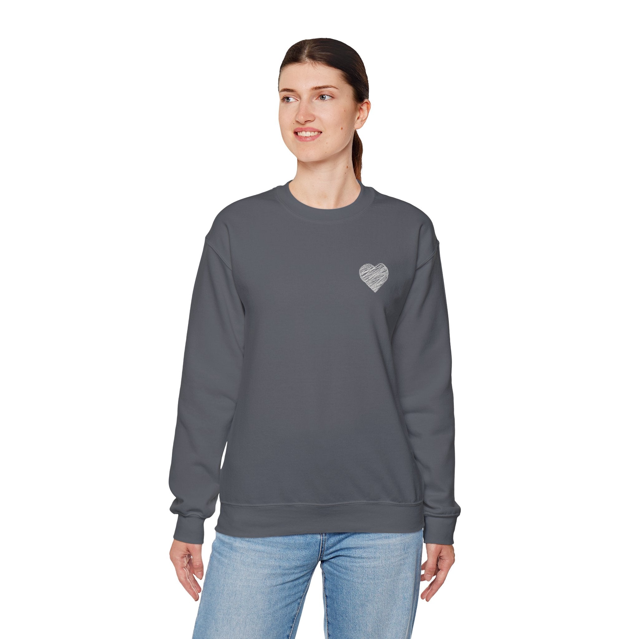 White Crewneck Sweatshirt with Small Gray Heart Chest Design