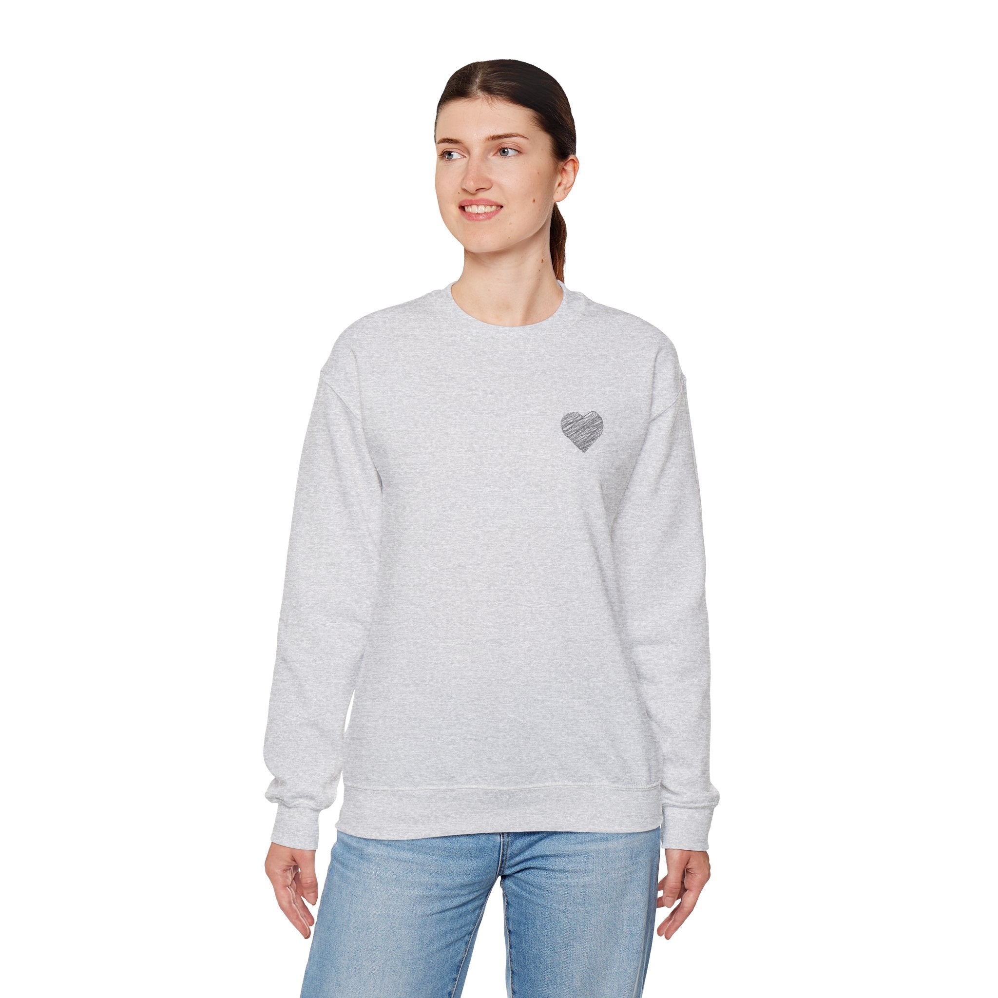 White Crewneck Sweatshirt with Small Gray Heart Chest Design