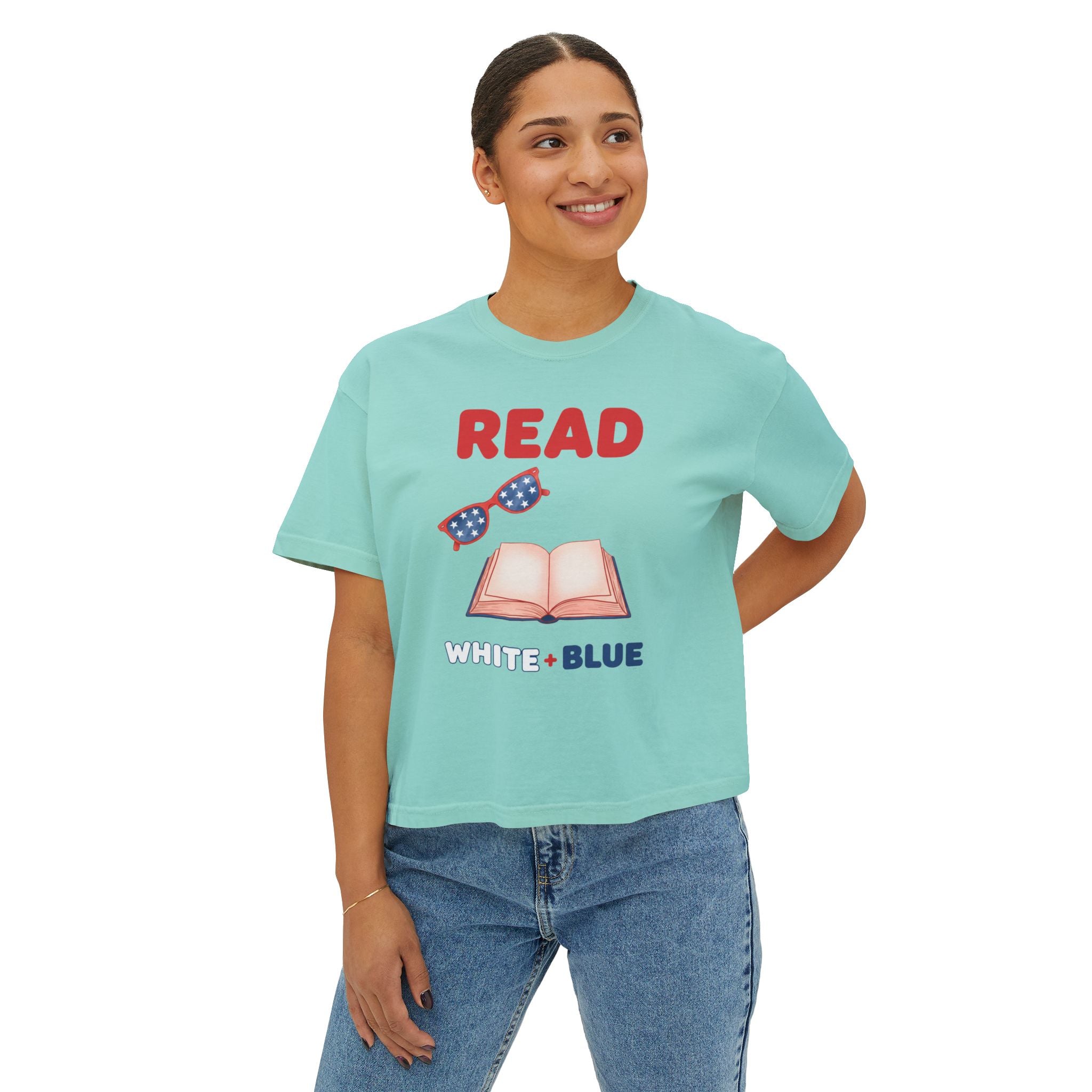 Women's Boxy Tee — "READ White + Blue" Patriotic Book Lover Shirt
