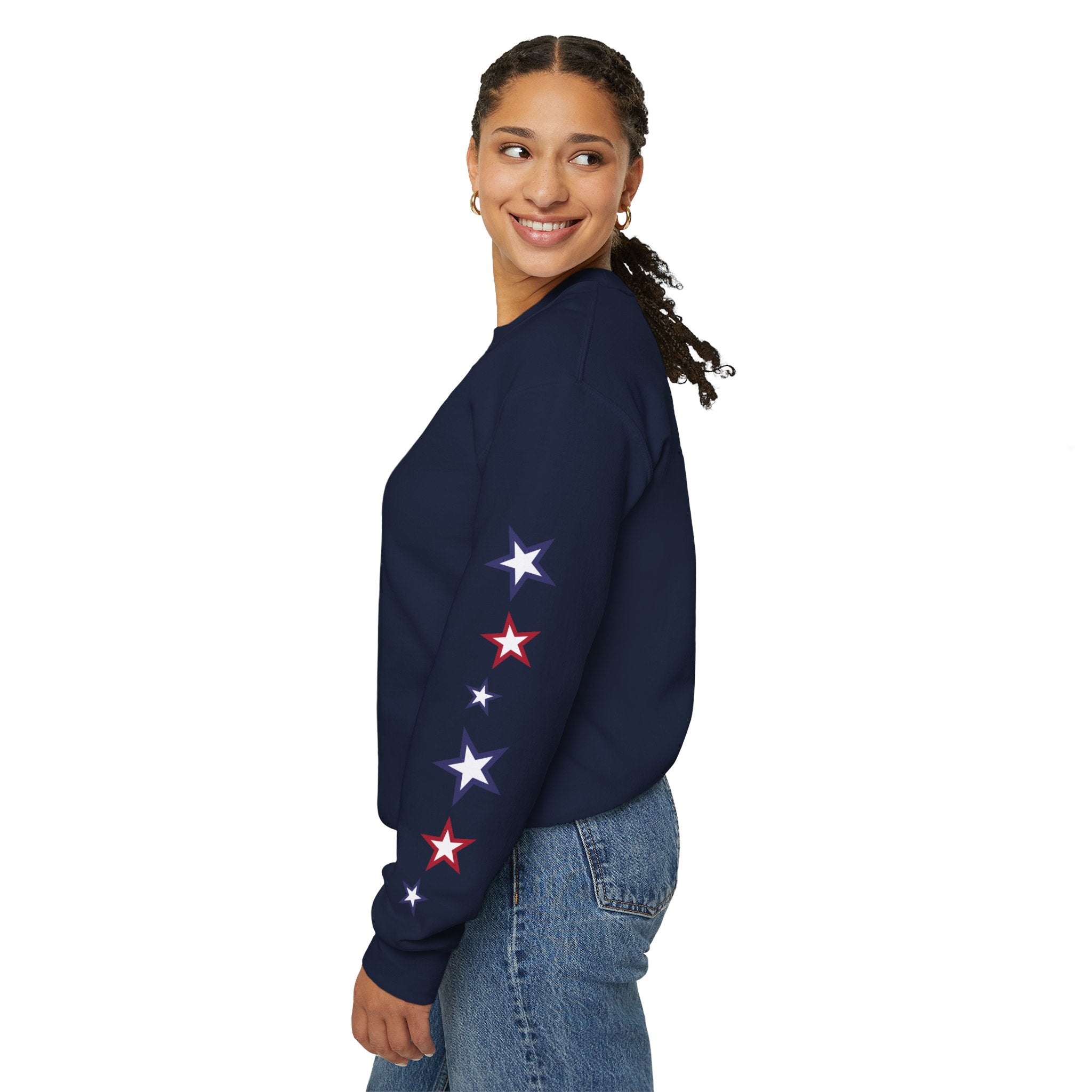 American Flag Castle Crewneck Sweatshirt — Patriotic Stars Sleeve Pullover