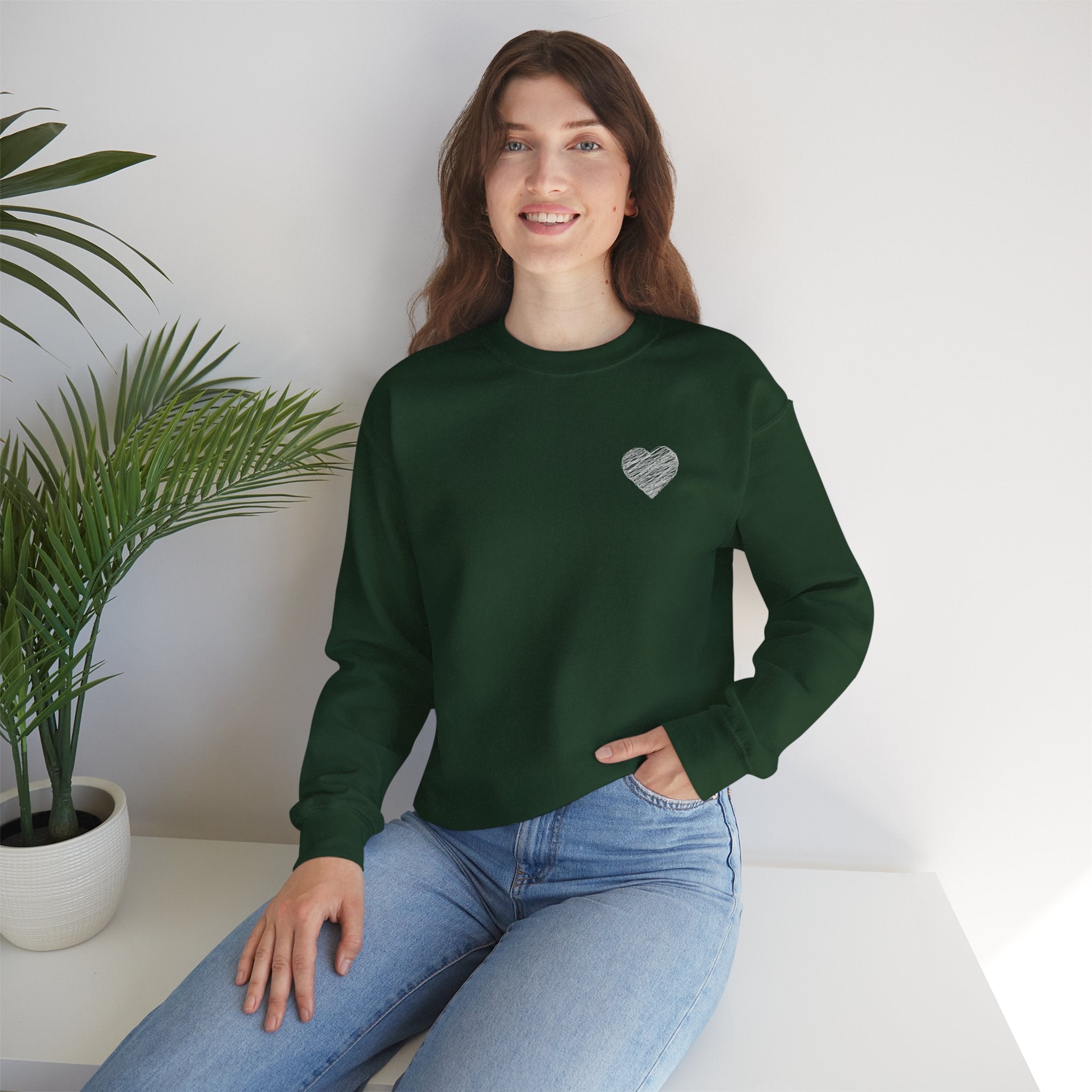 White Crewneck Sweatshirt with Small Gray Heart Chest Design