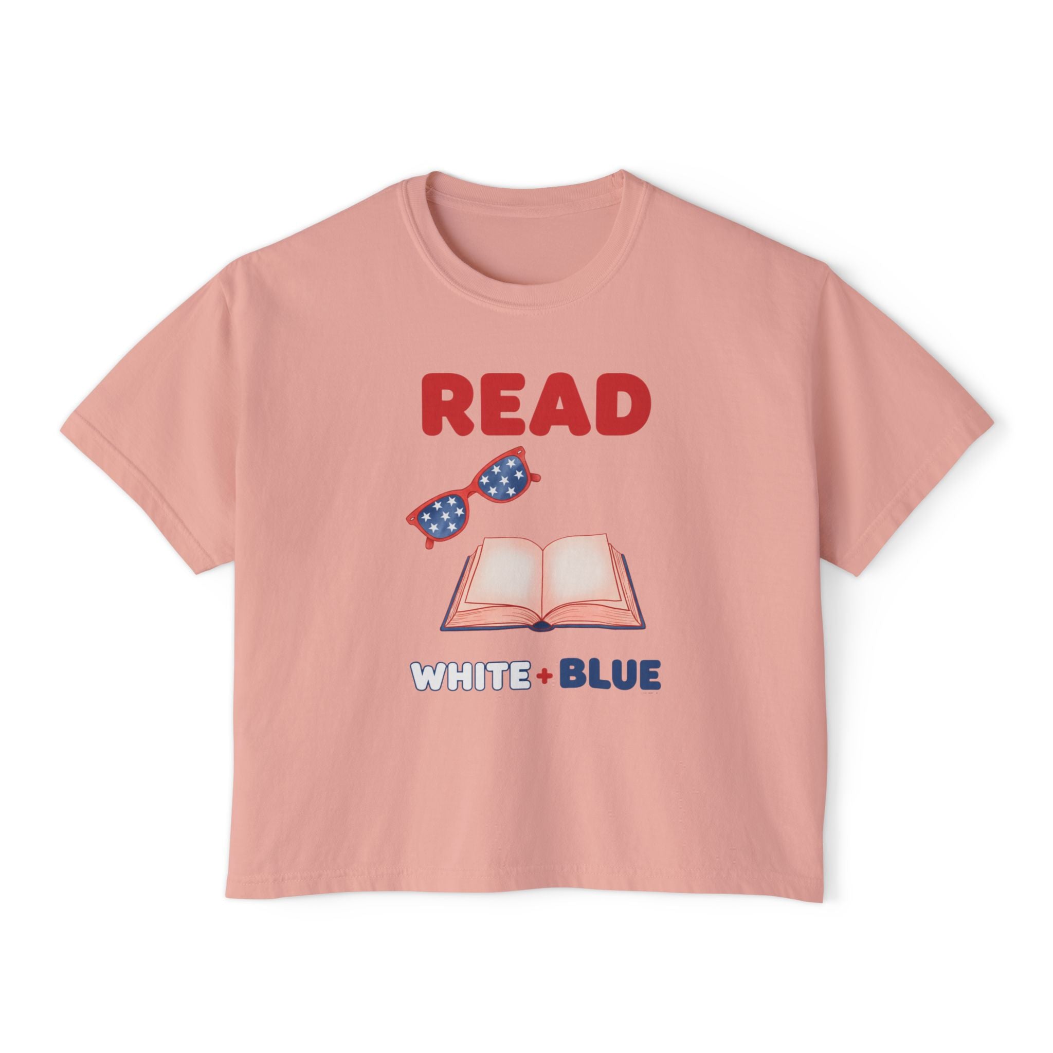 Women's Boxy Tee — "READ White + Blue" Patriotic Book Lover Shirt