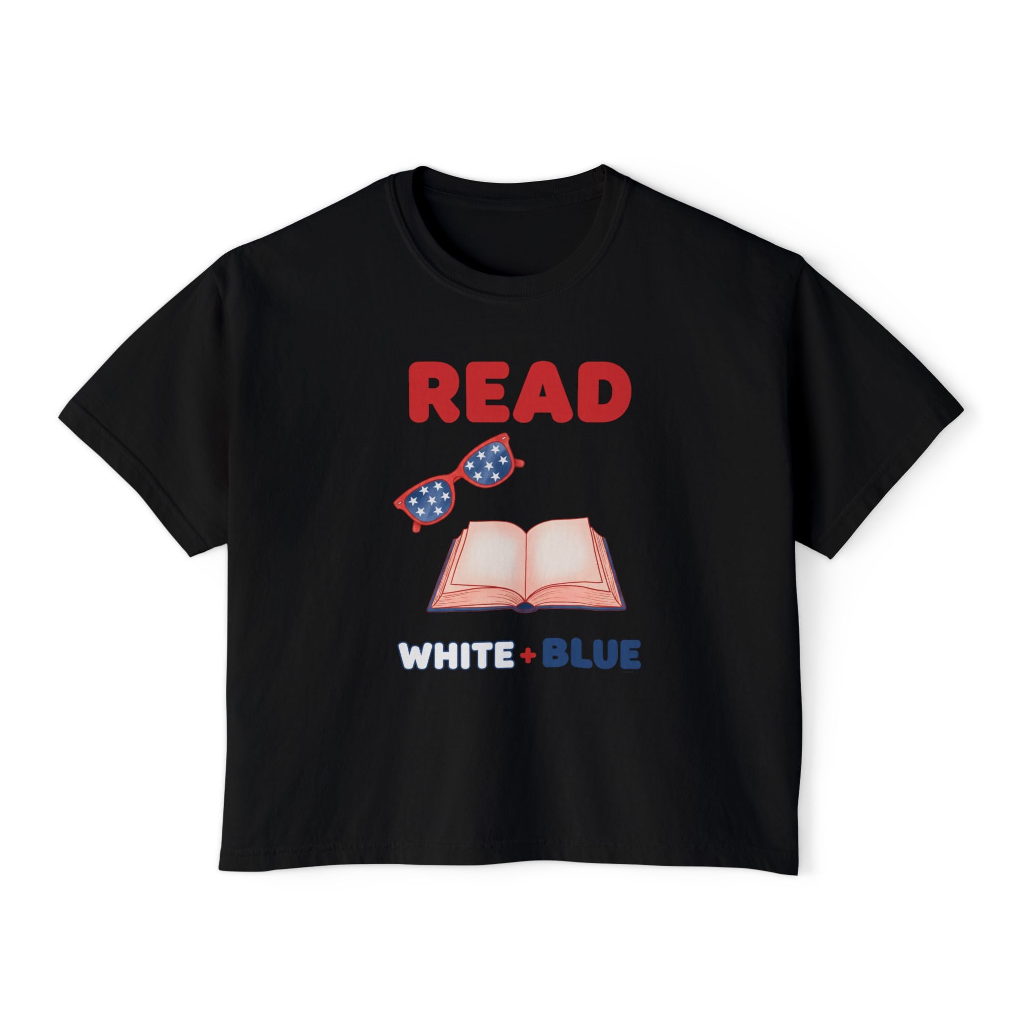 Women's Boxy Tee — "READ White + Blue" Patriotic Book Lover Shirt