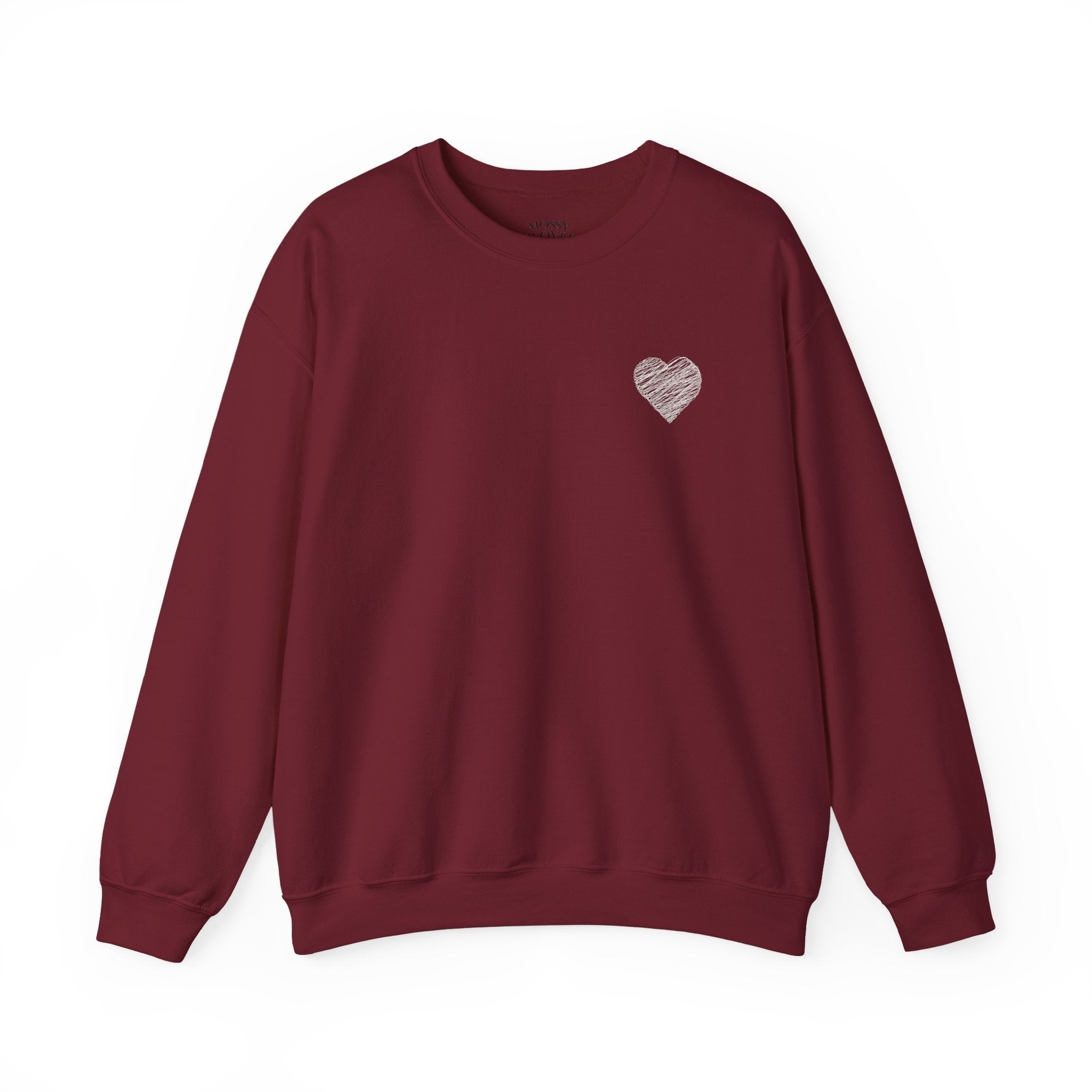 White Crewneck Sweatshirt with Small Gray Heart Chest Design