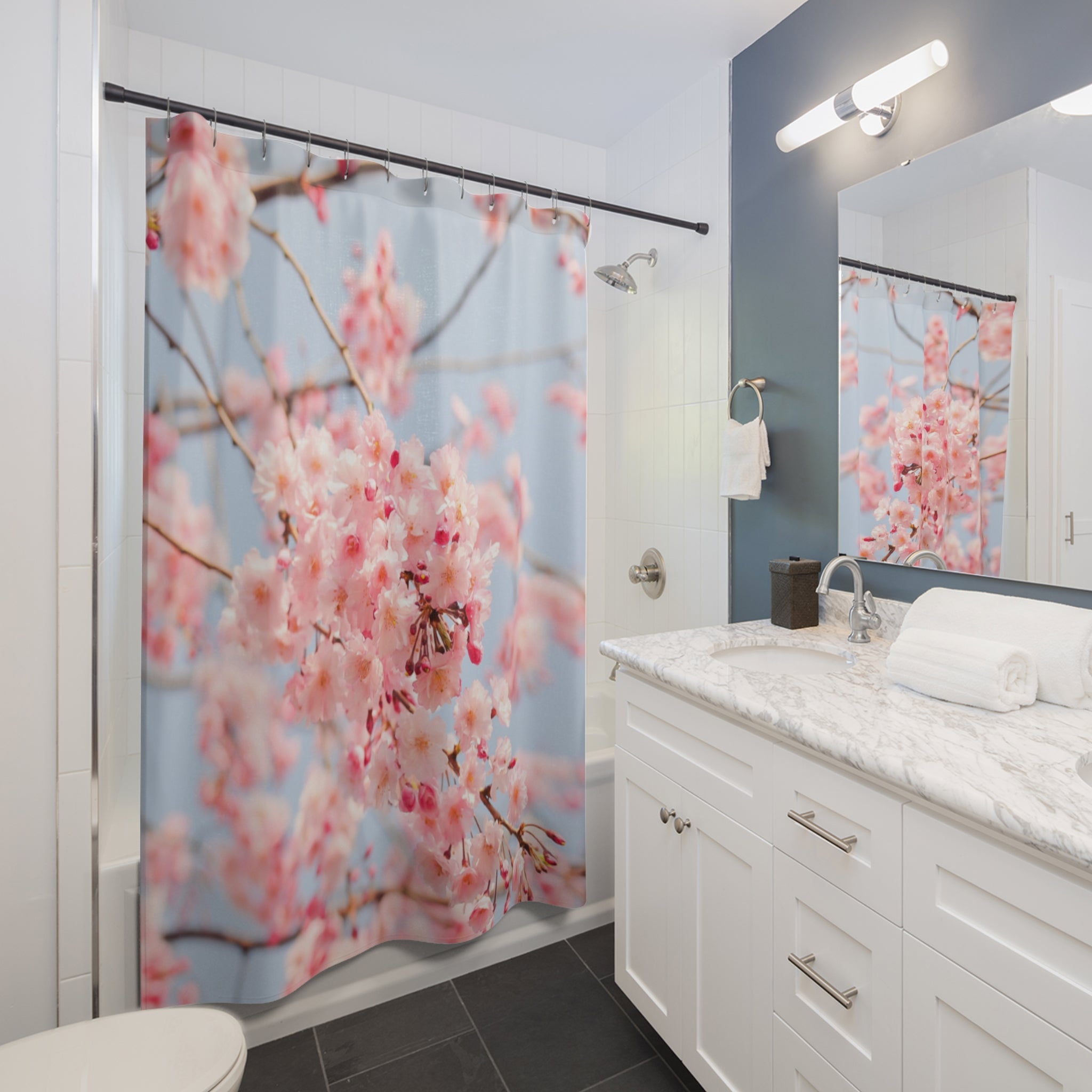 Cherry Blossom Shower Curtain — Pink Floral Spring Bathroom Decor