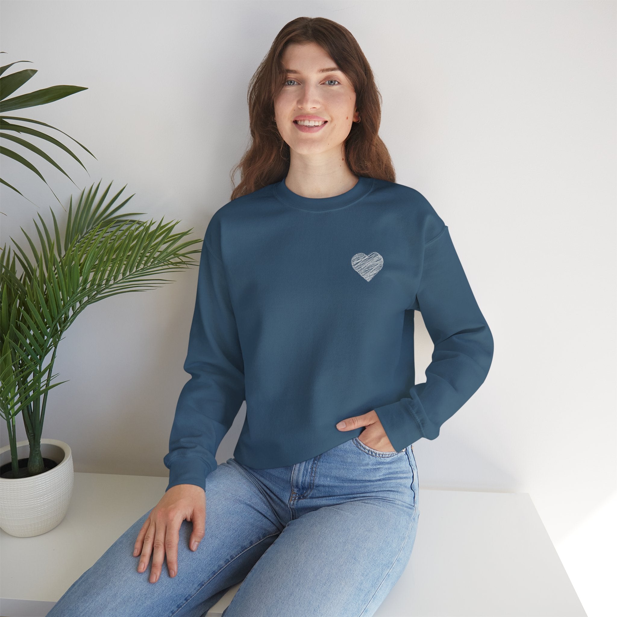 White Crewneck Sweatshirt with Small Gray Heart Chest Design