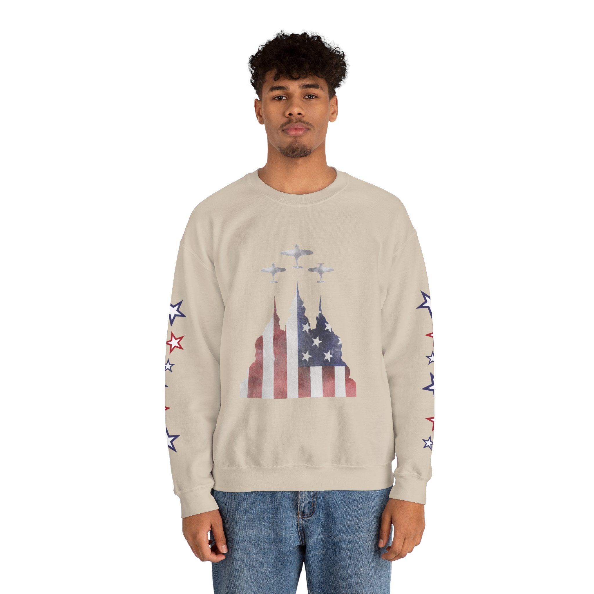 American Flag Castle Crewneck Sweatshirt — Patriotic Stars Sleeve Pullover