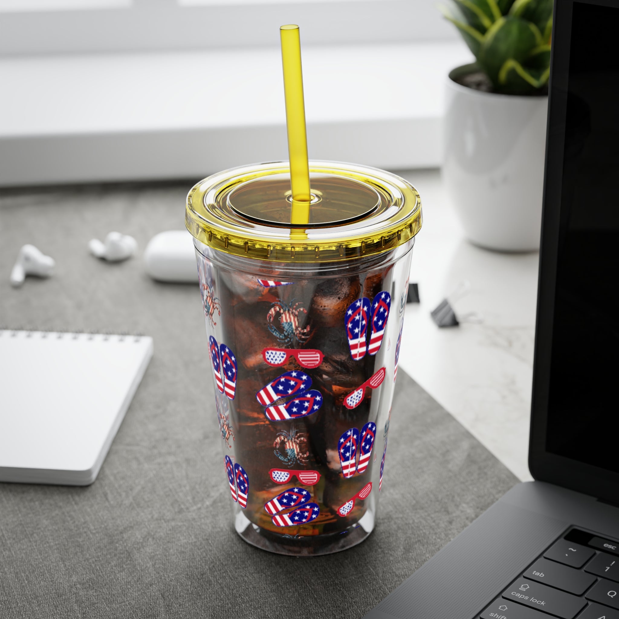 Patriotic Bow 16oz Tumbler with Straw — Red, White & Blue Stars Design