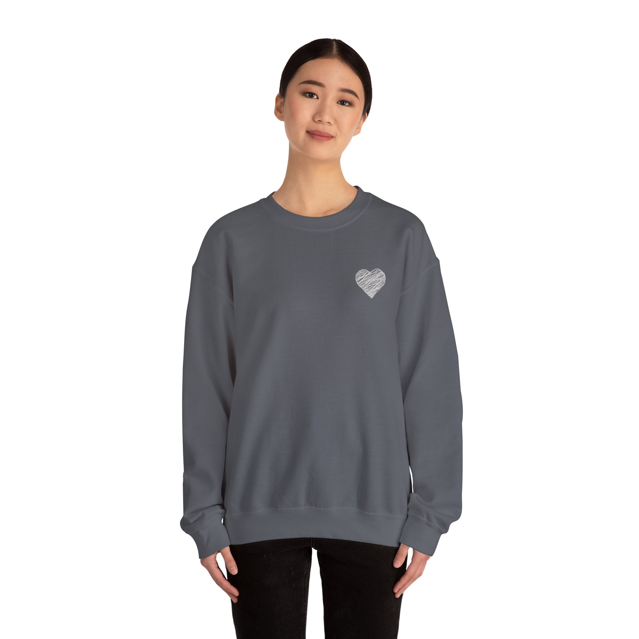 White Crewneck Sweatshirt with Small Gray Heart Chest Design