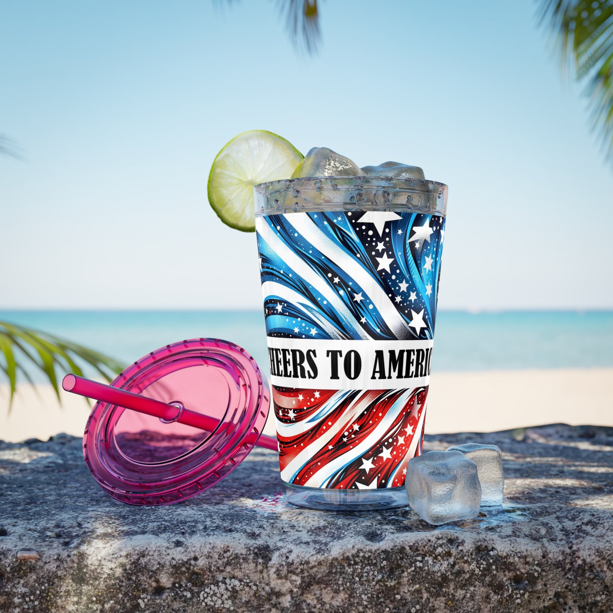 Patriotic Bow 16oz Tumbler with Straw — Red, White & Blue Stars Design