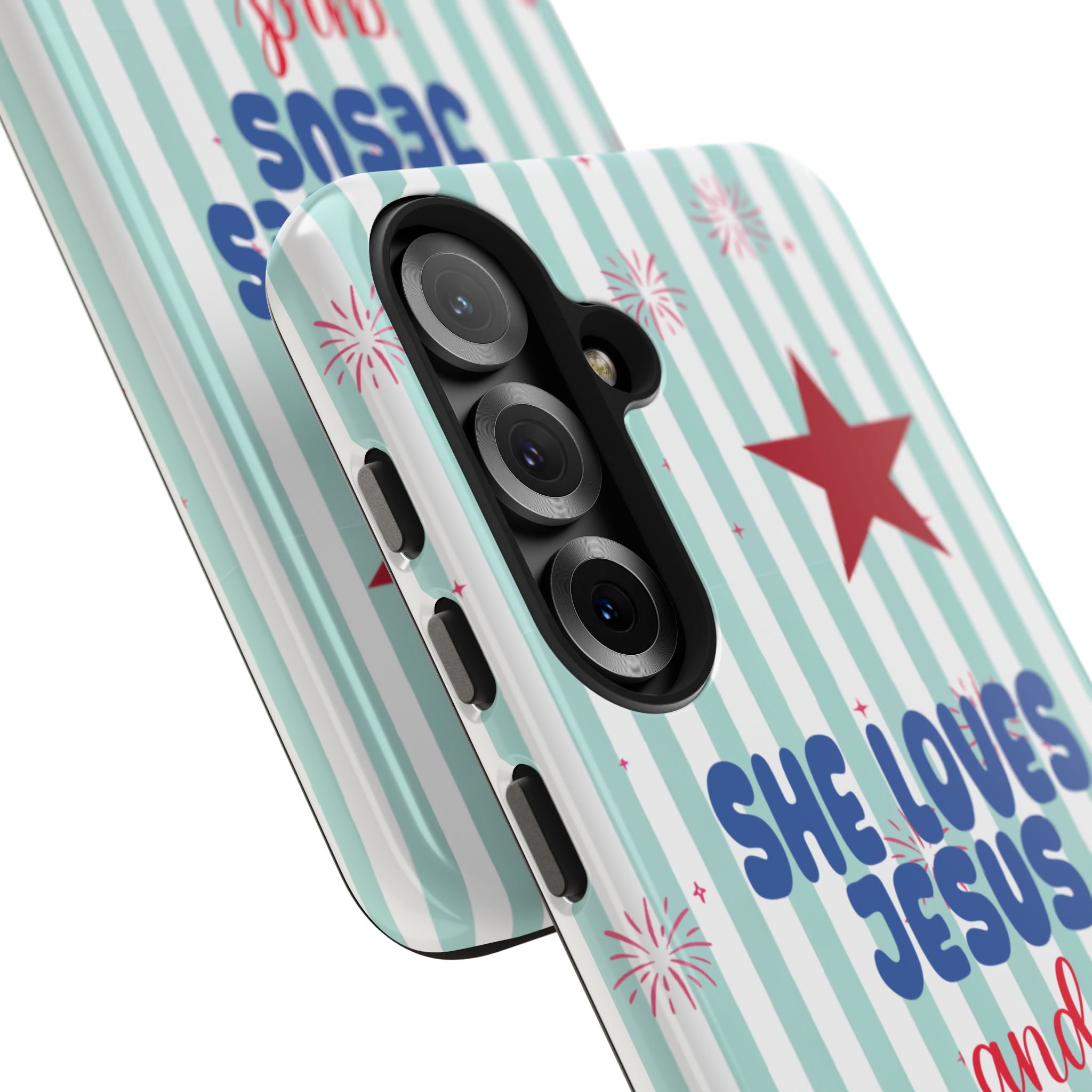 She Loves Jesus and American Too Tough Phone Case — Patriotic Faith iPhone Cover