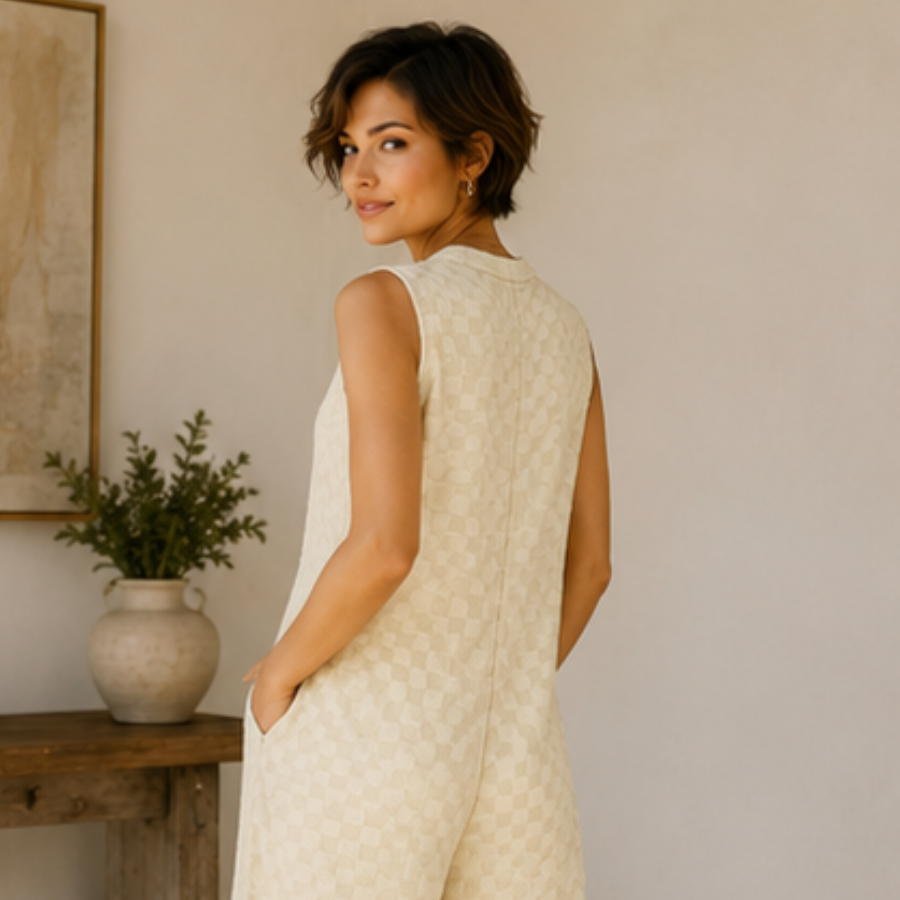 Checker Textured Sleeveless Wide Leg Jumpsuit