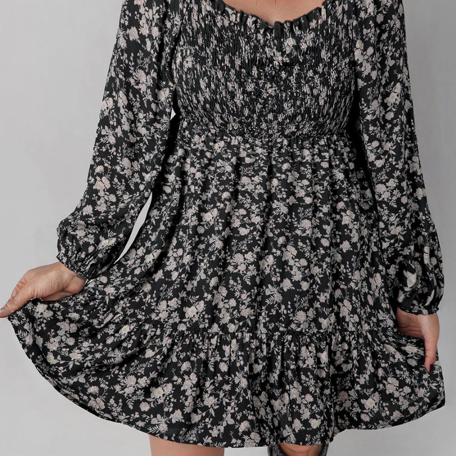 Floral Long Sleeve Frill Square Neck Dress
