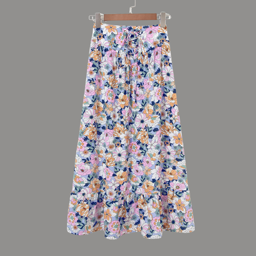 Floral Lace Up High Waist Ruffle Maxi Skirt