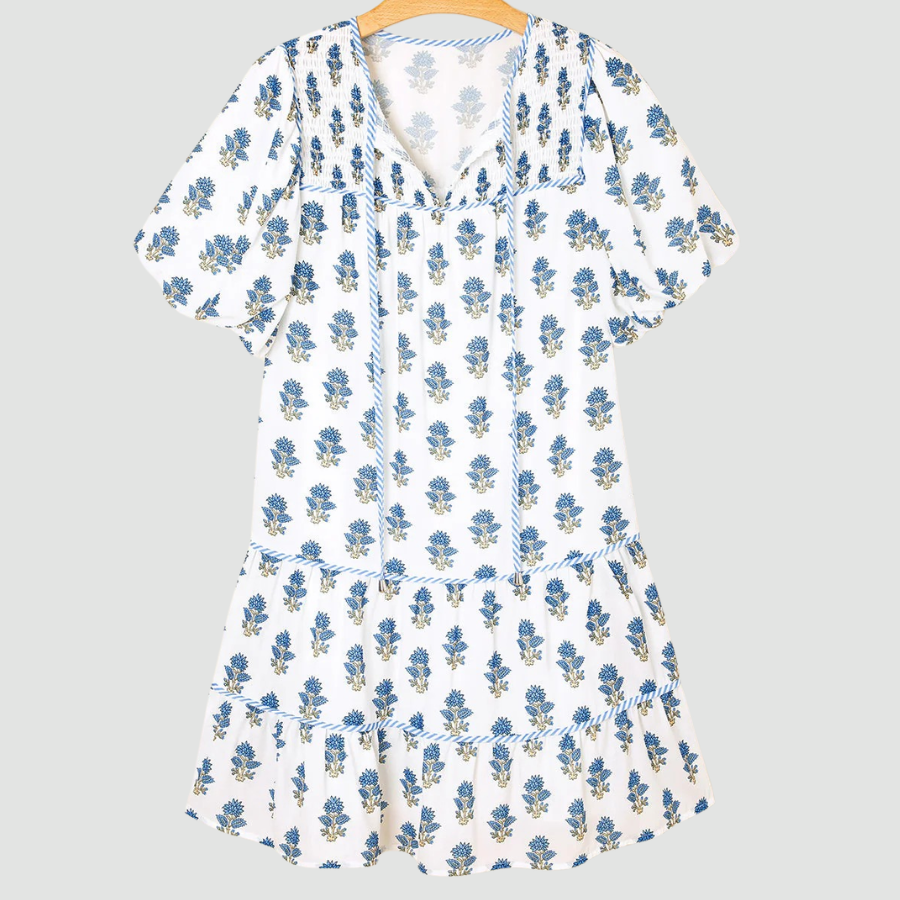 Floral Puff Sleeve Tied Neck Pocketed Mini Dress