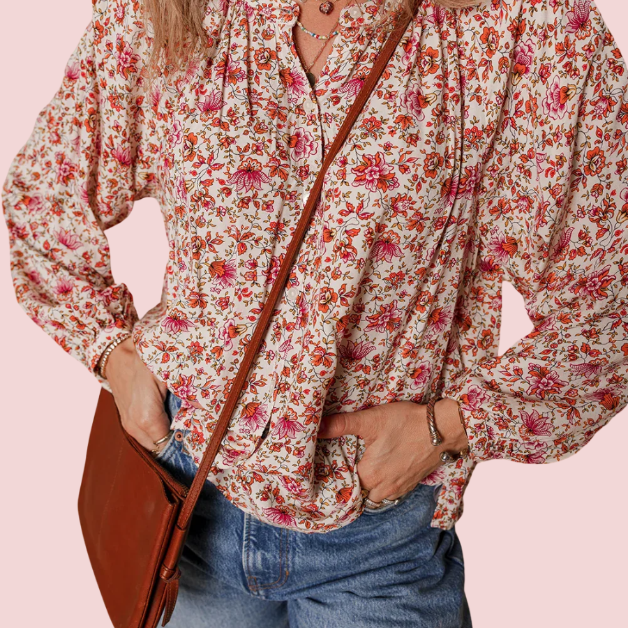 Floral Pleated Notched Neck Puff Sleeve Blouse