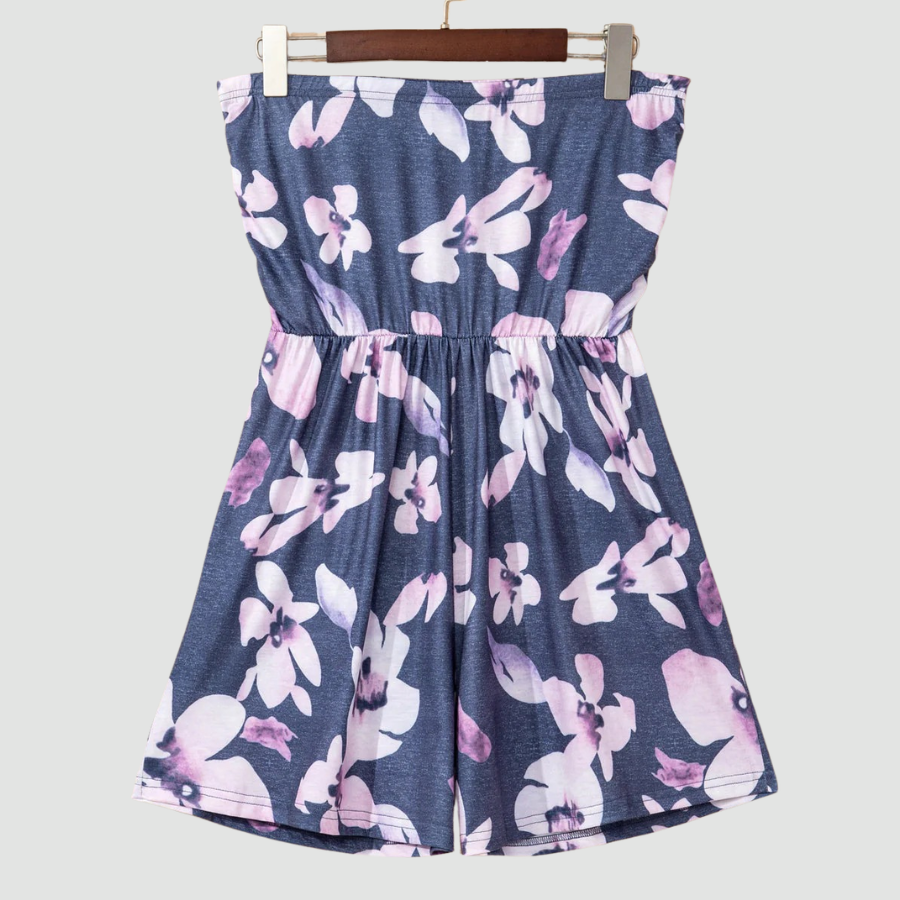 Floral Ruched Strapless Bandeau Pocketed Romper