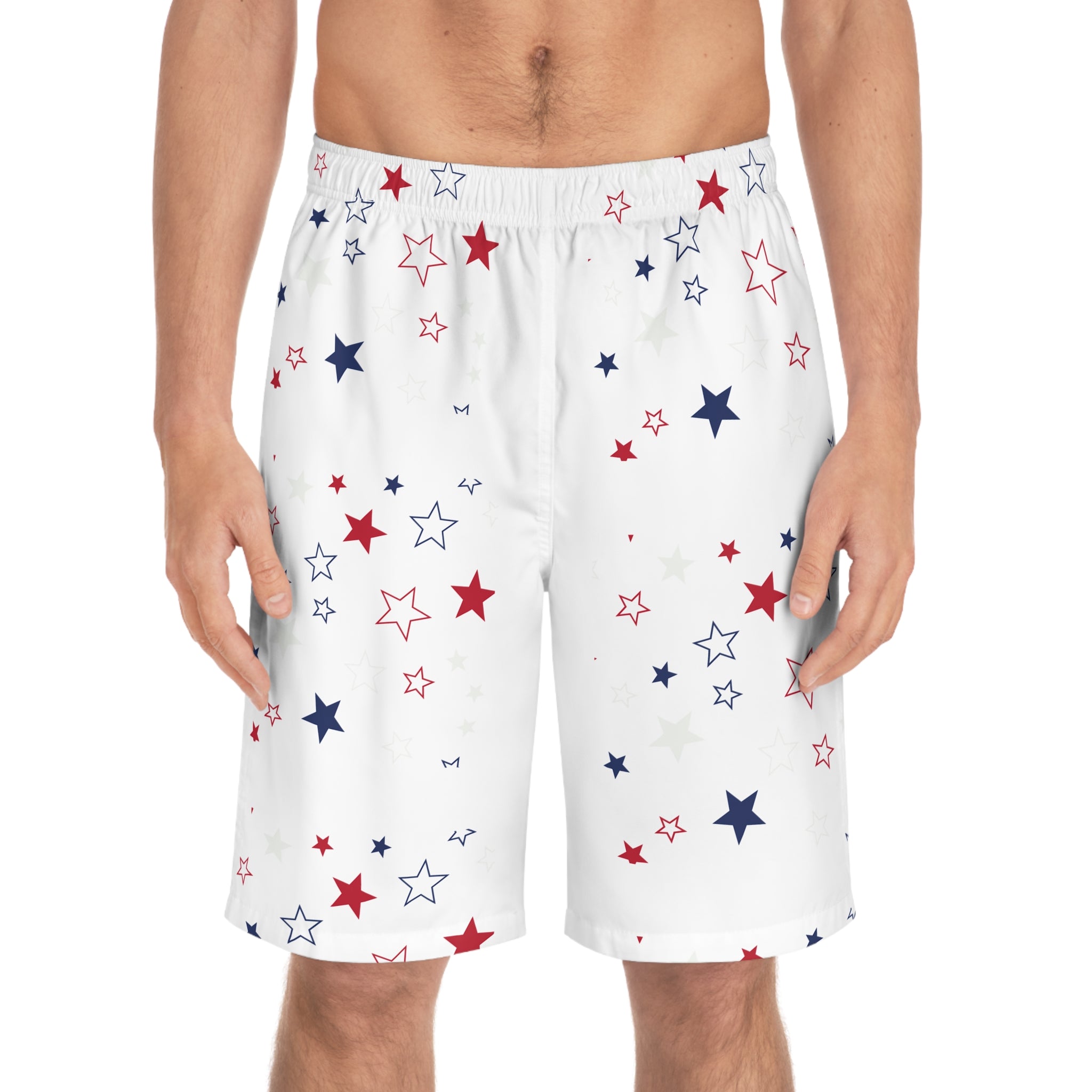 Patriotic Red White & Blue Star Swim Shorts — Men's Board Shorts for 4th of July