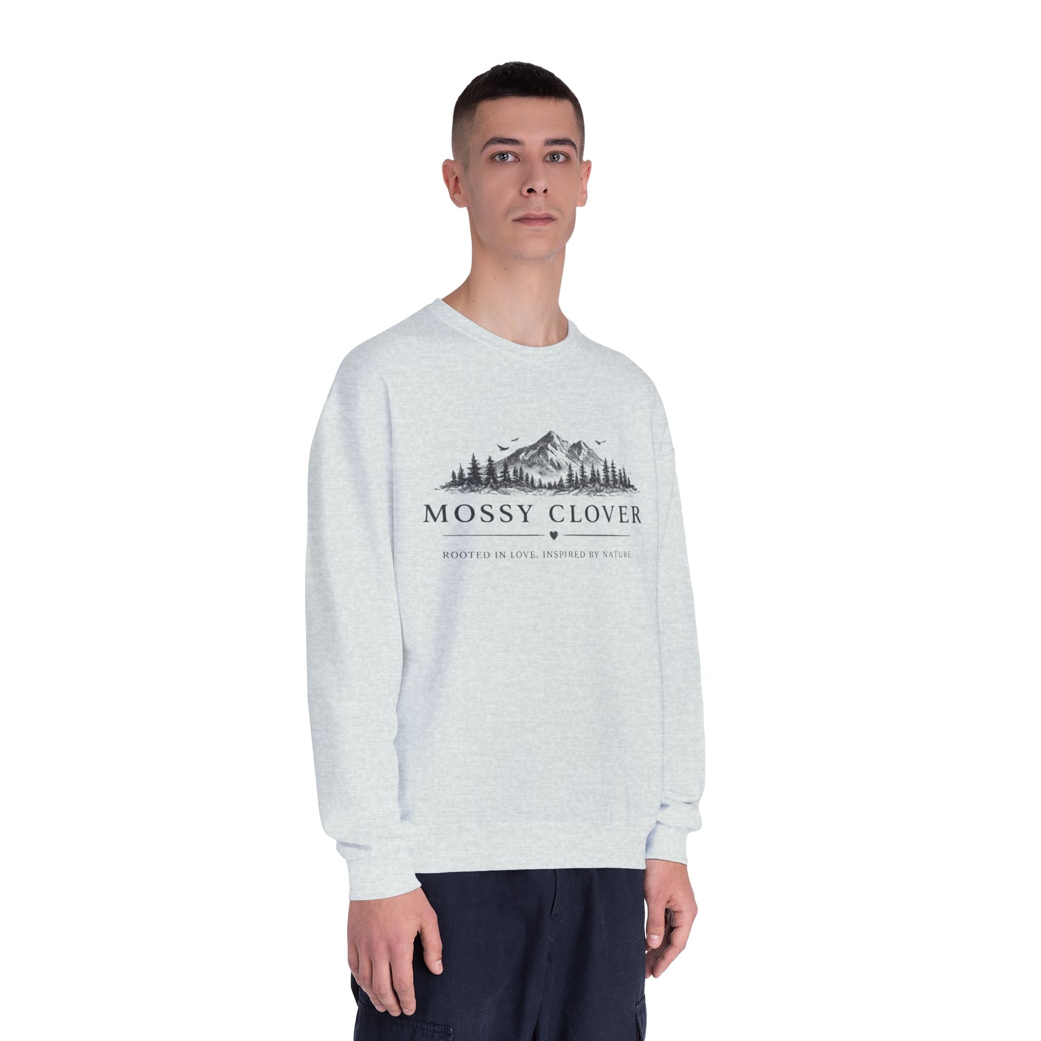 Mossy Clover Mountain Crewneck Sweatshirt — Rustic Nature Graphic Pullover