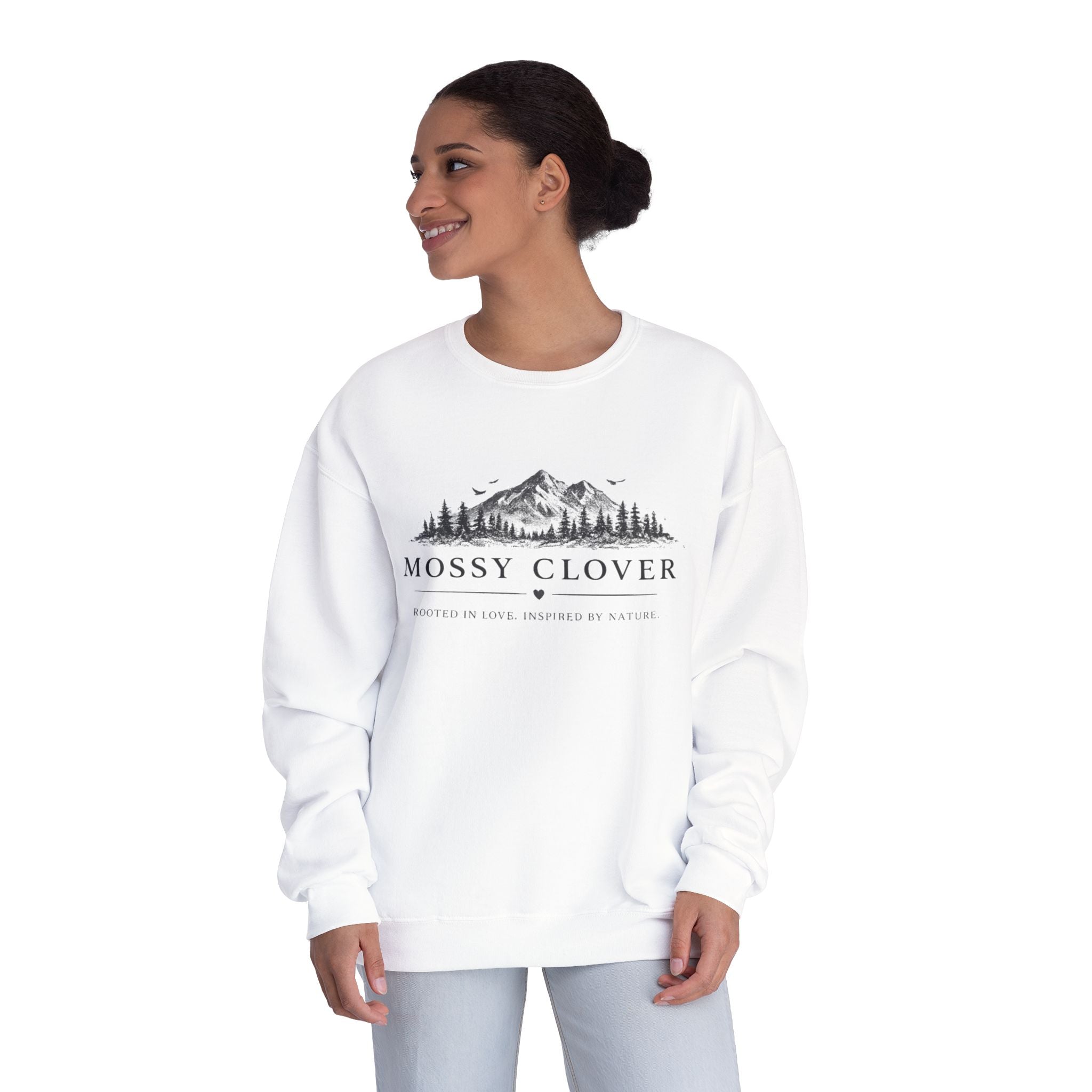 Mossy Clover Mountain Crewneck Sweatshirt — Rustic Nature Graphic Pullover