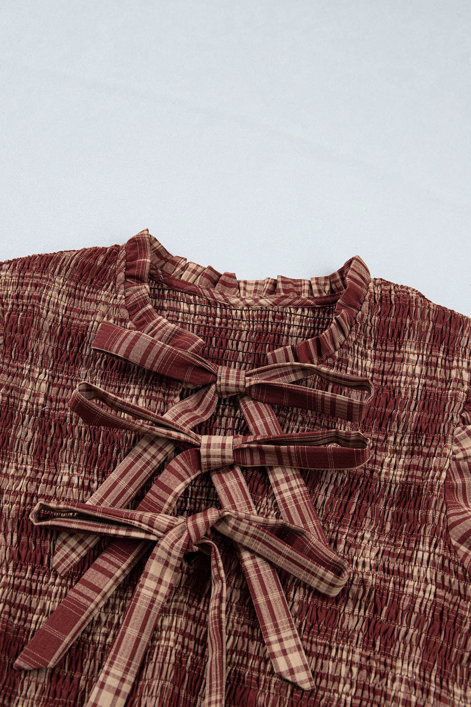 The Cider Orchard Vintage Plaid Knot Front Smocked High Waist Midi Dress for Women