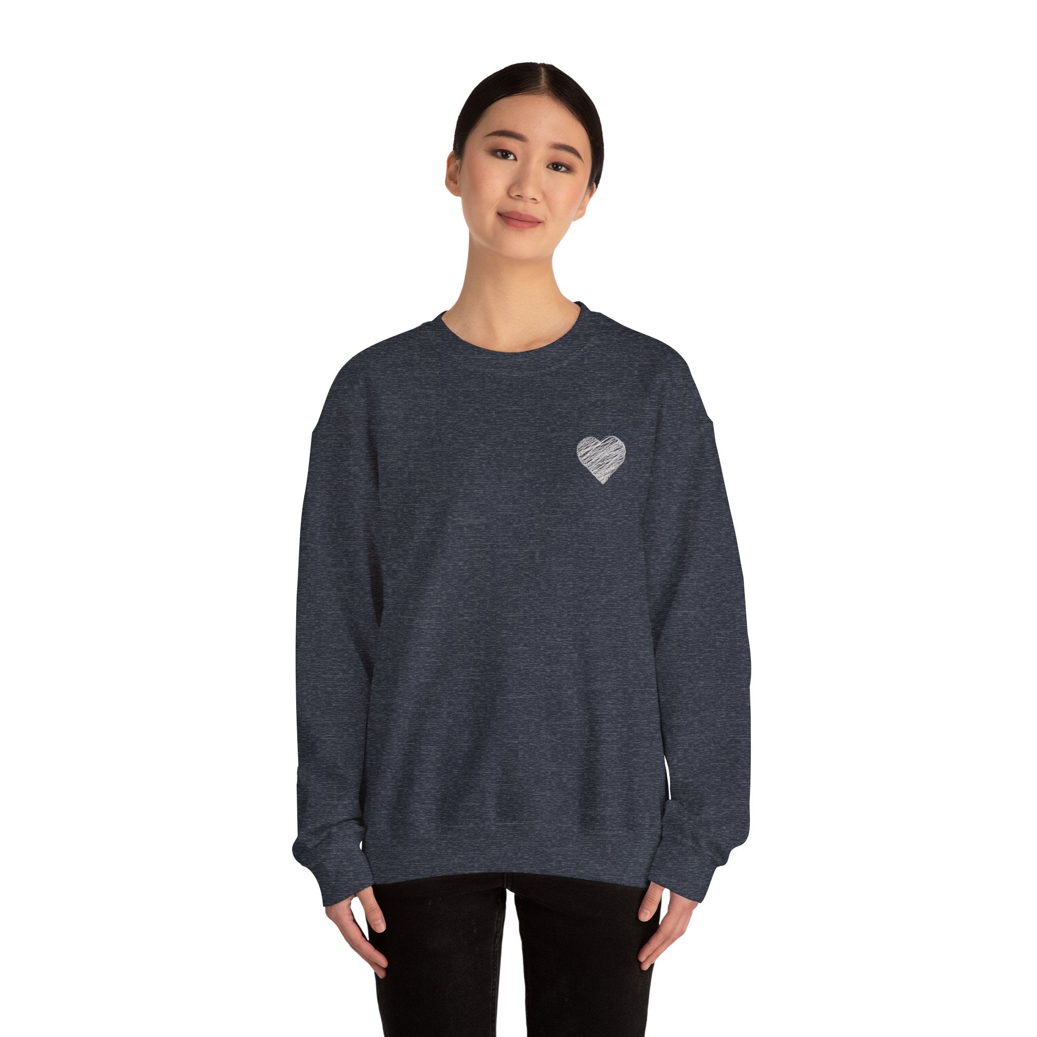 White Crewneck Sweatshirt with Small Gray Heart Chest Design