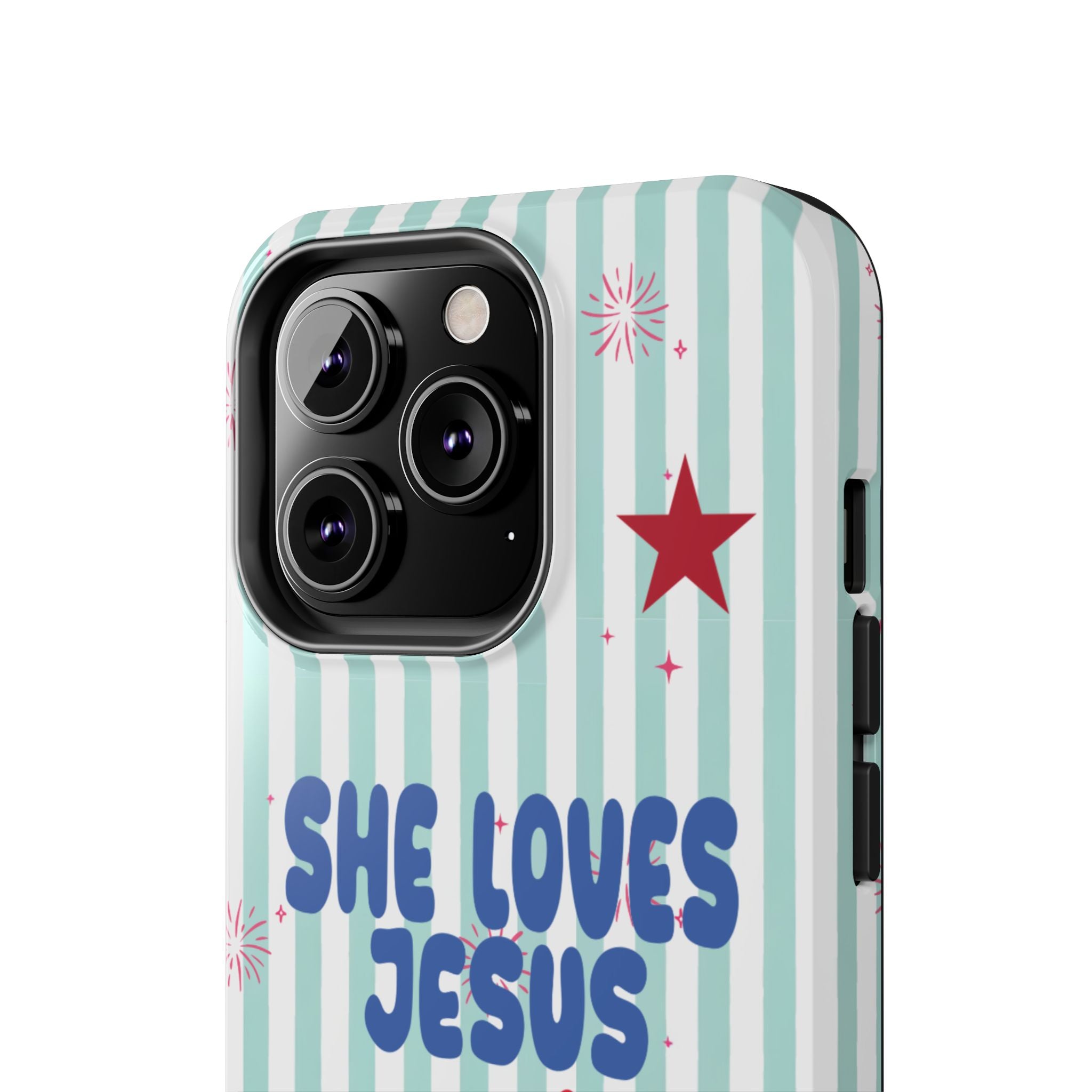 She Loves Jesus and American Too Tough Phone Case — Patriotic Faith iPhone Cover