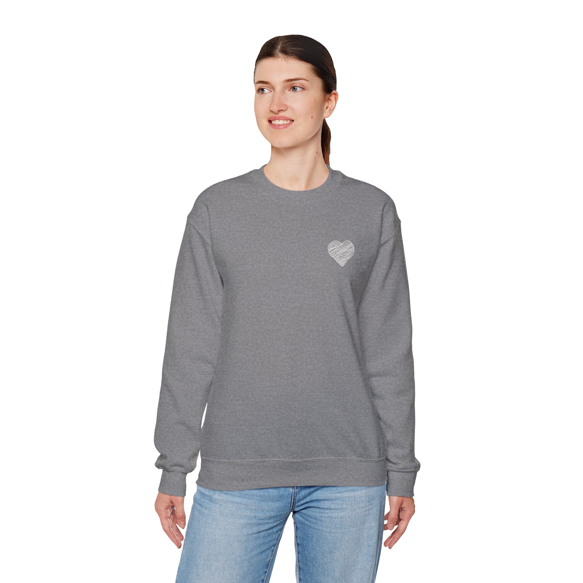 White Crewneck Sweatshirt with Small Gray Heart Chest Design