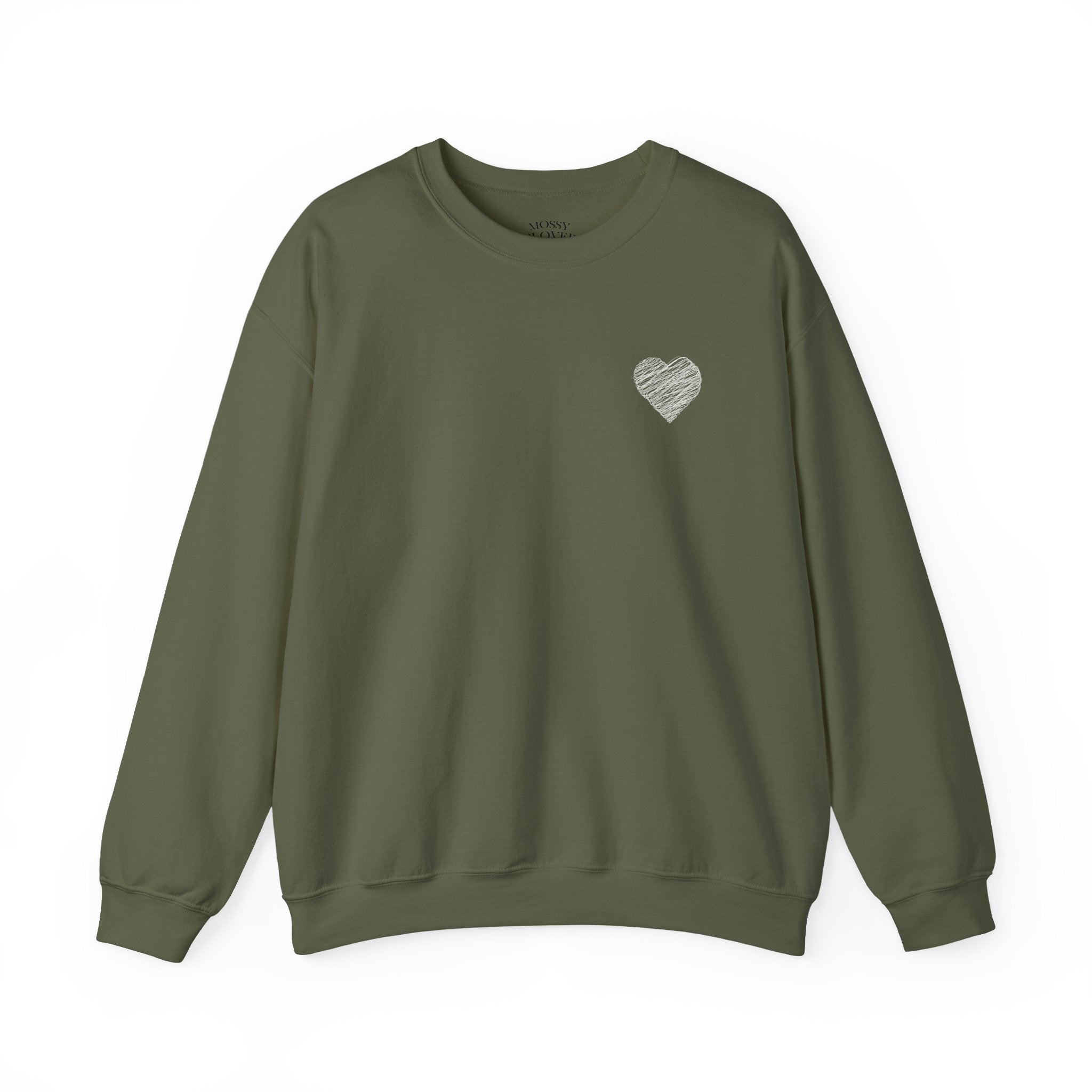 White Crewneck Sweatshirt with Small Gray Heart Chest Design