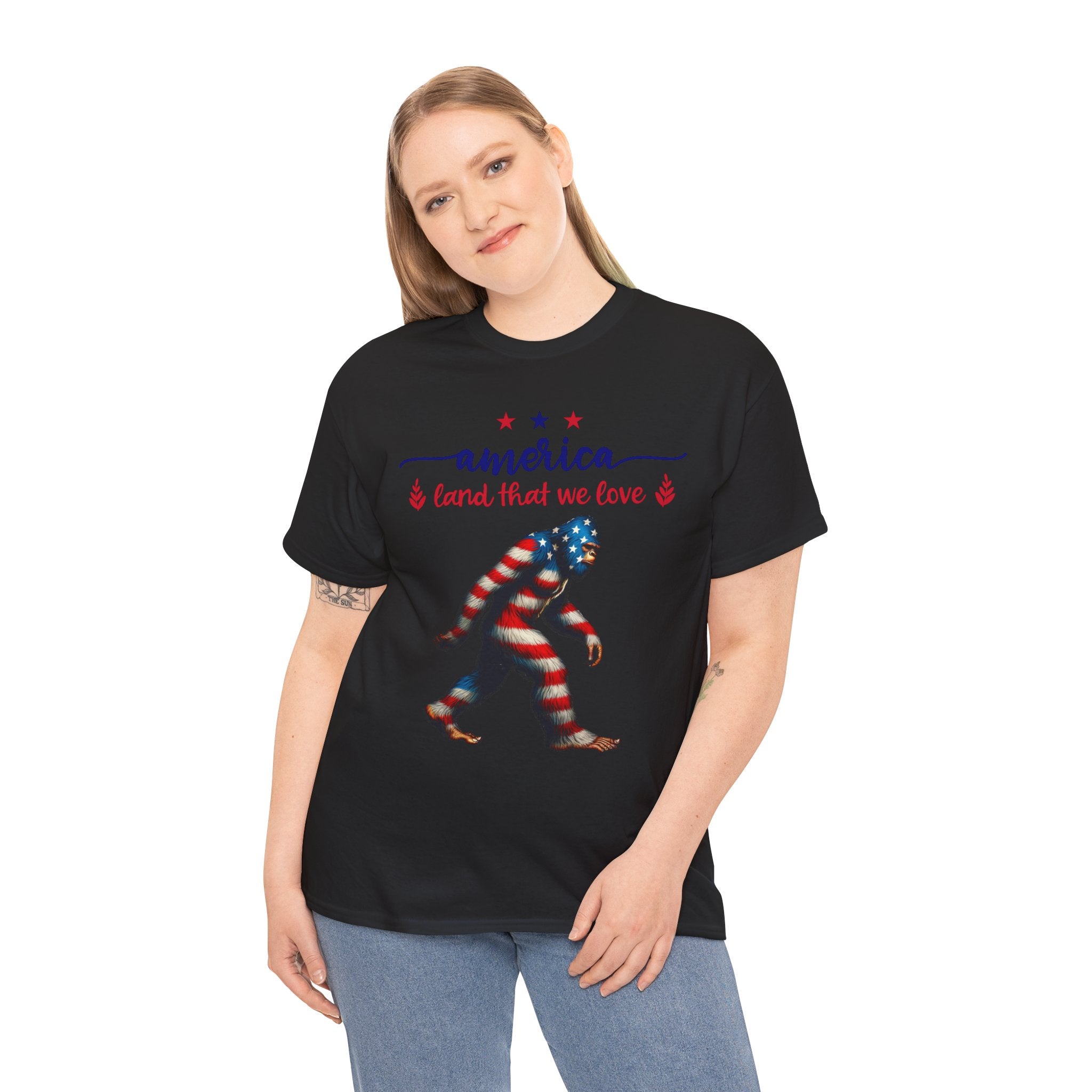 America “Land That We Love” Patriotic T‑Shirt — Flag Sasquatch Graphic Tee