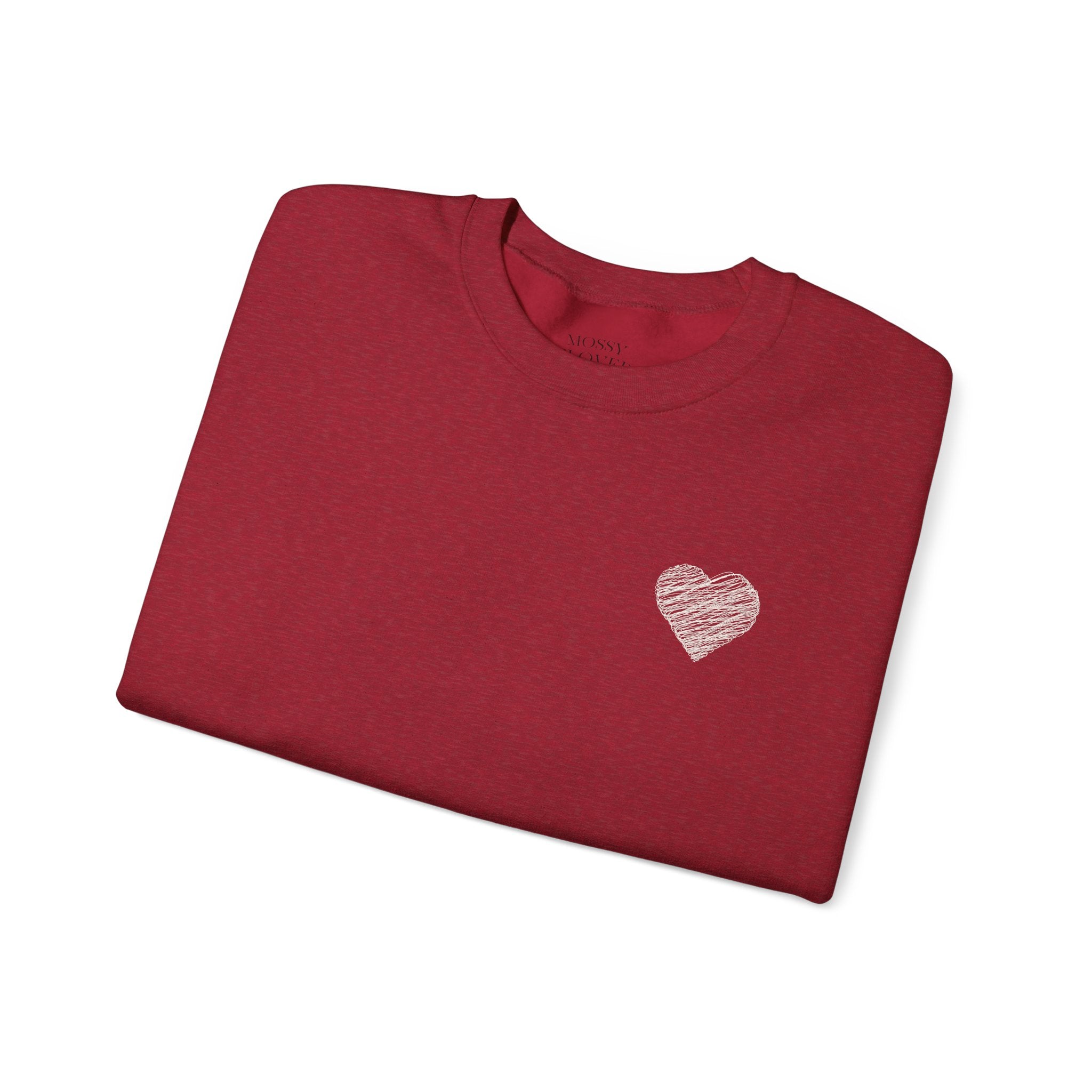 White Crewneck Sweatshirt with Small Gray Heart Chest Design