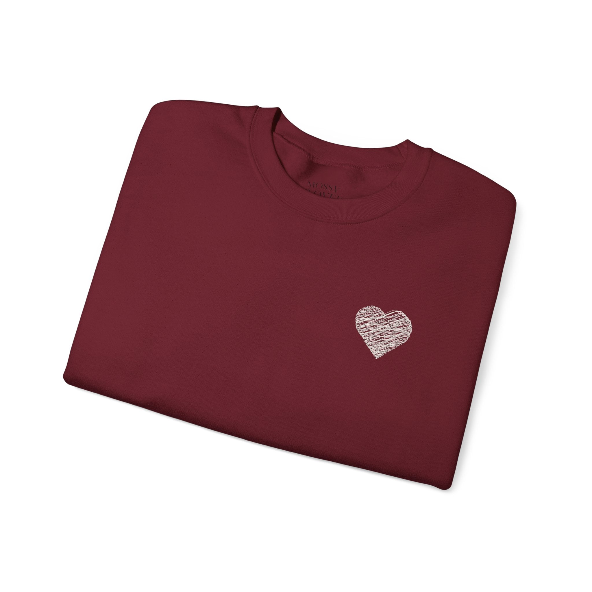 White Crewneck Sweatshirt with Small Gray Heart Chest Design