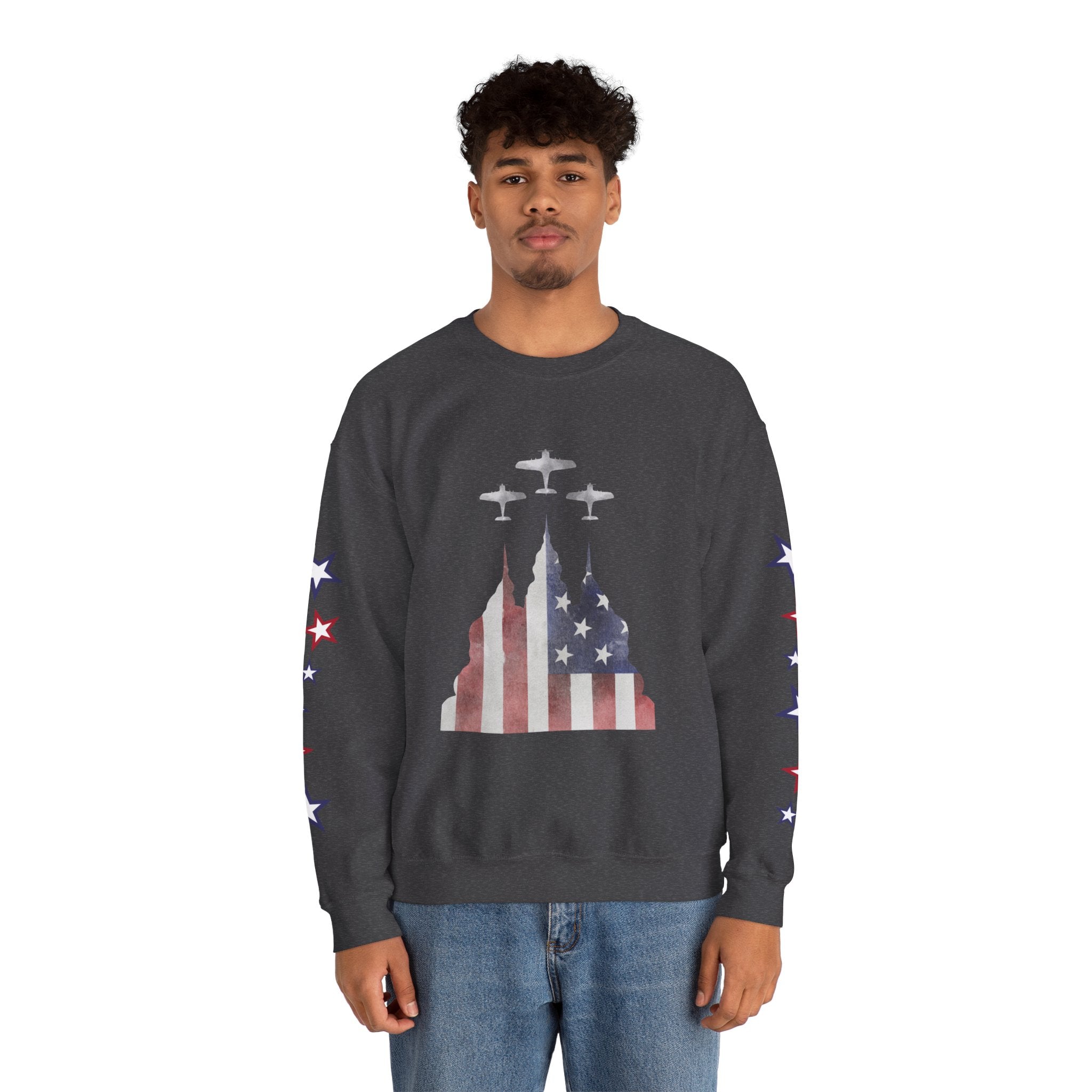American Flag Castle Crewneck Sweatshirt — Patriotic Stars Sleeve Pullover