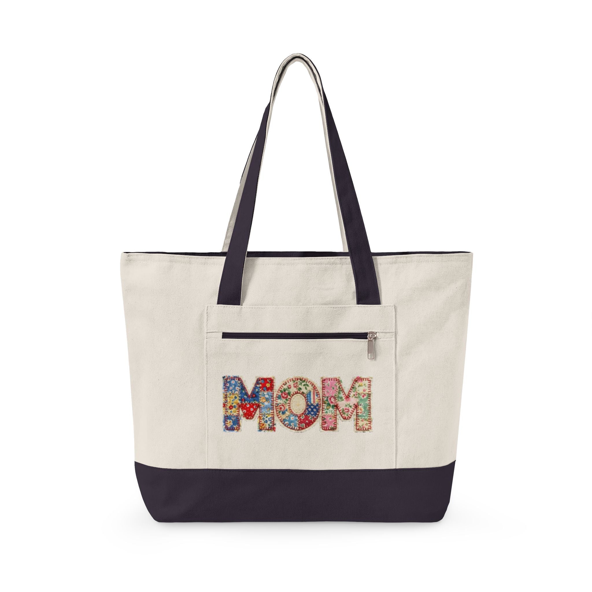 'Mom' Quilted Zippered Canvas Tote Bag – Durable Mom Bag for Mother's Day