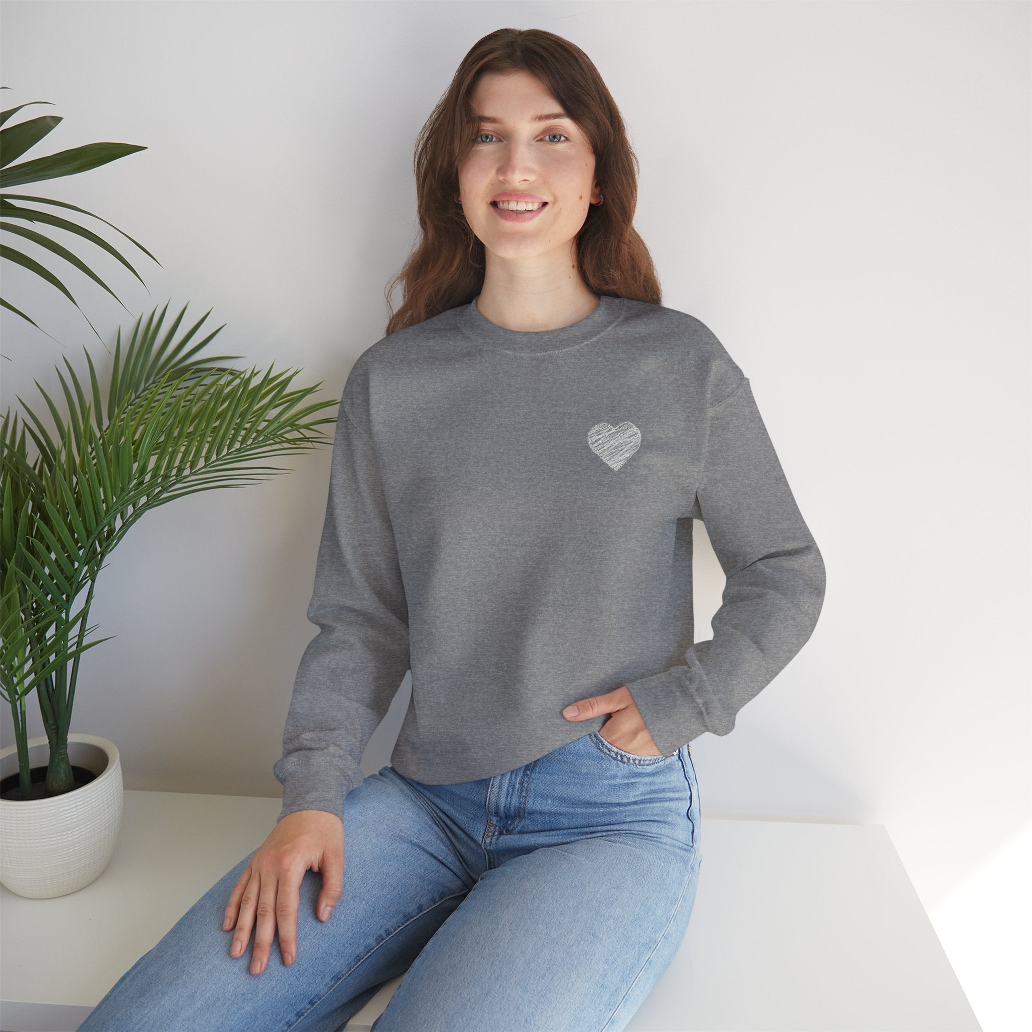 White Crewneck Sweatshirt with Small Gray Heart Chest Design