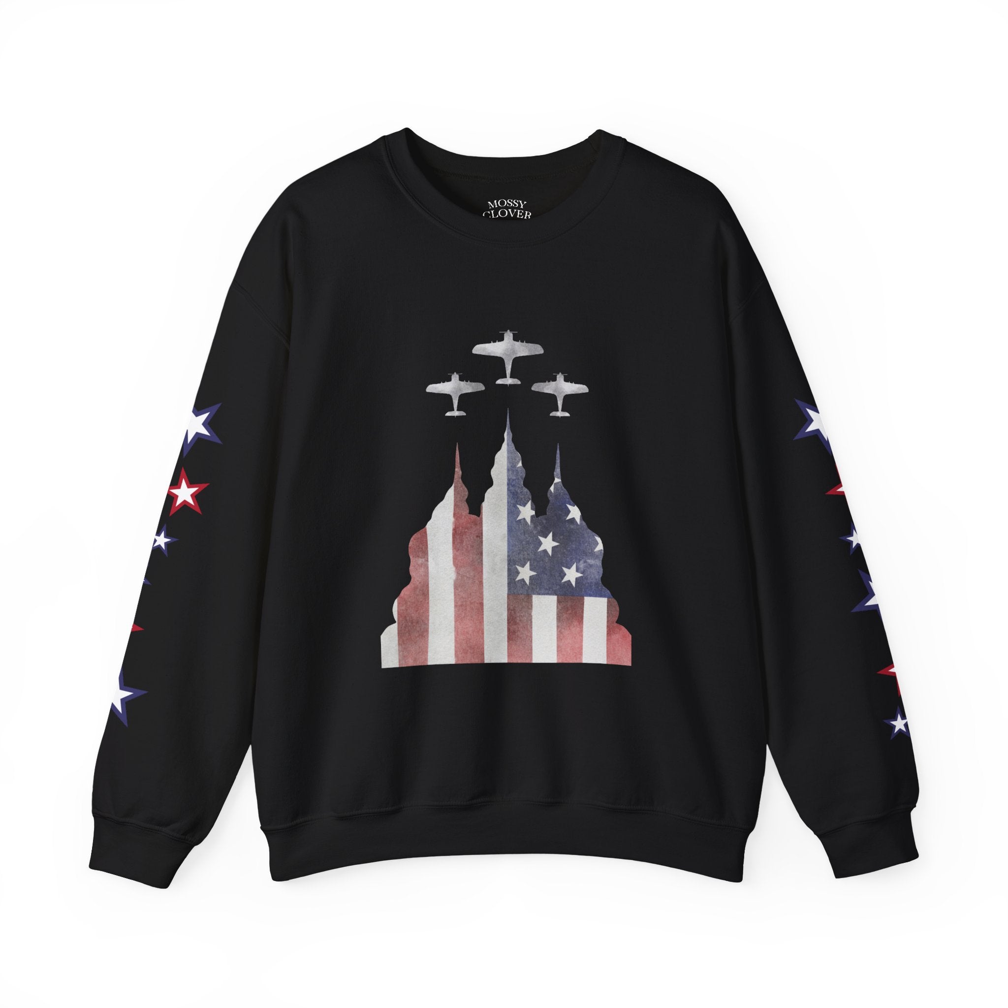 American Flag Castle Crewneck Sweatshirt — Patriotic Stars Sleeve Pullover