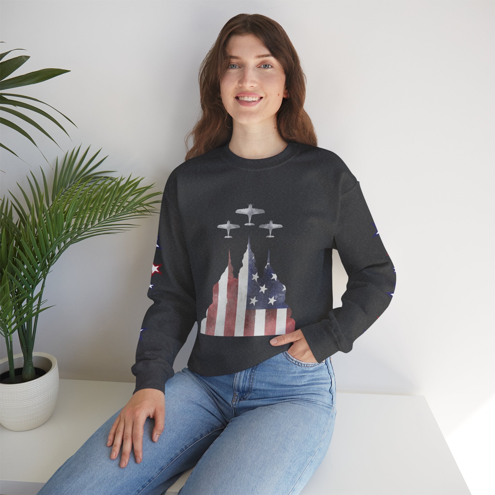 American Flag Castle Crewneck Sweatshirt — Patriotic Stars Sleeve Pullover