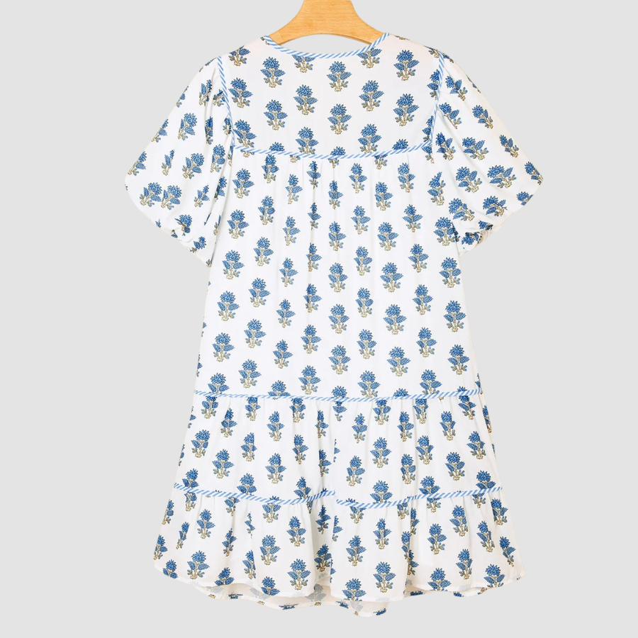 Floral Puff Sleeve Tied Neck Pocketed Mini Dress