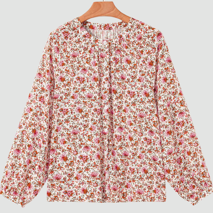 Floral Pleated Notched Neck Puff Sleeve Blouse