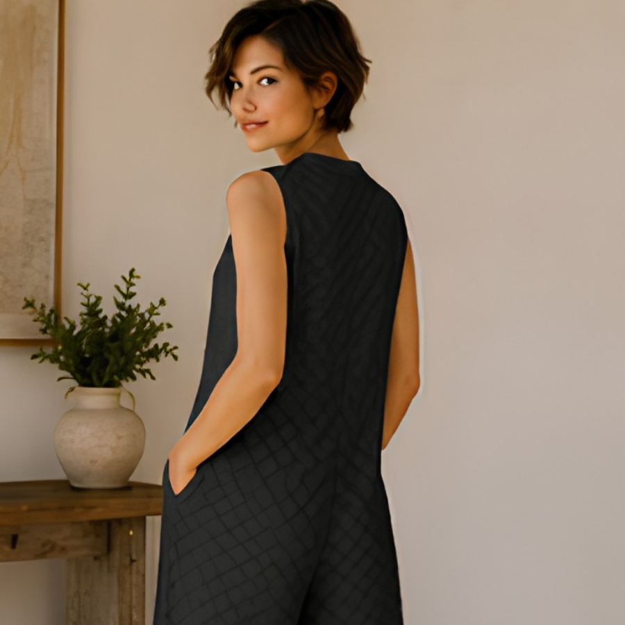 Checker Textured Sleeveless Wide Leg Jumpsuit