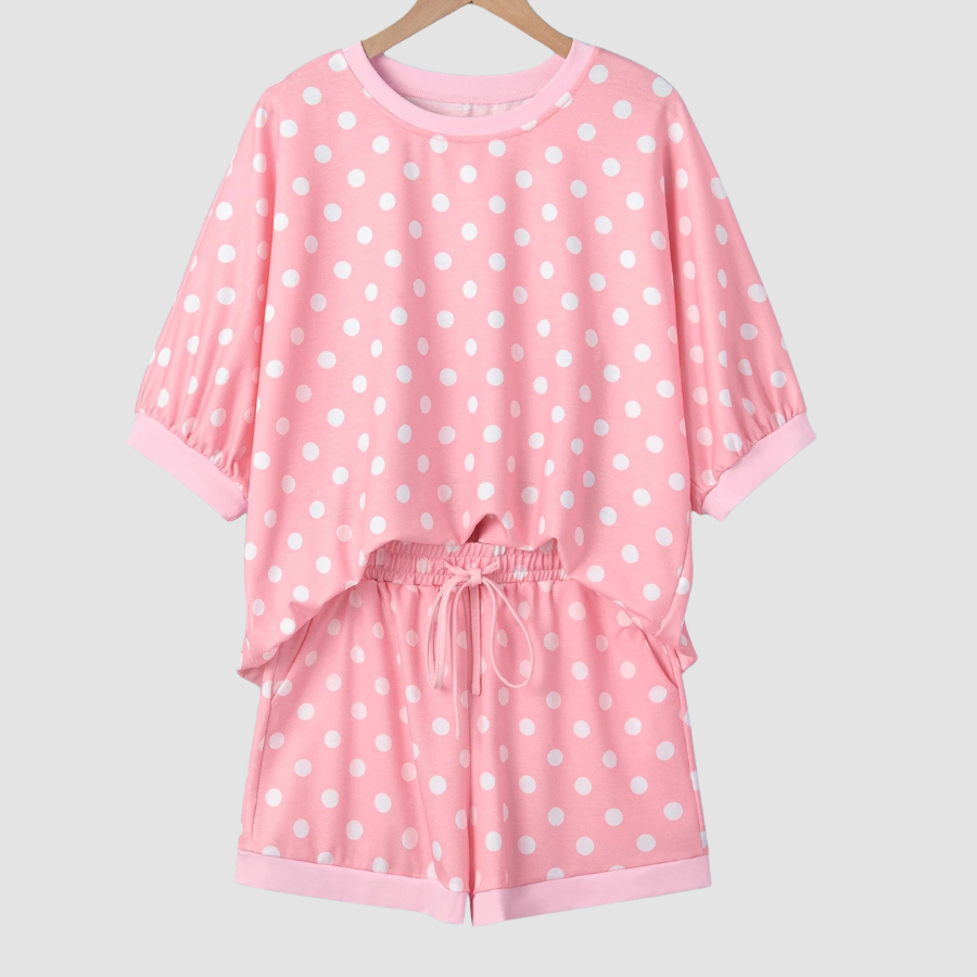 Polka Dot Oversized Top & Drawstring Shorts Set
