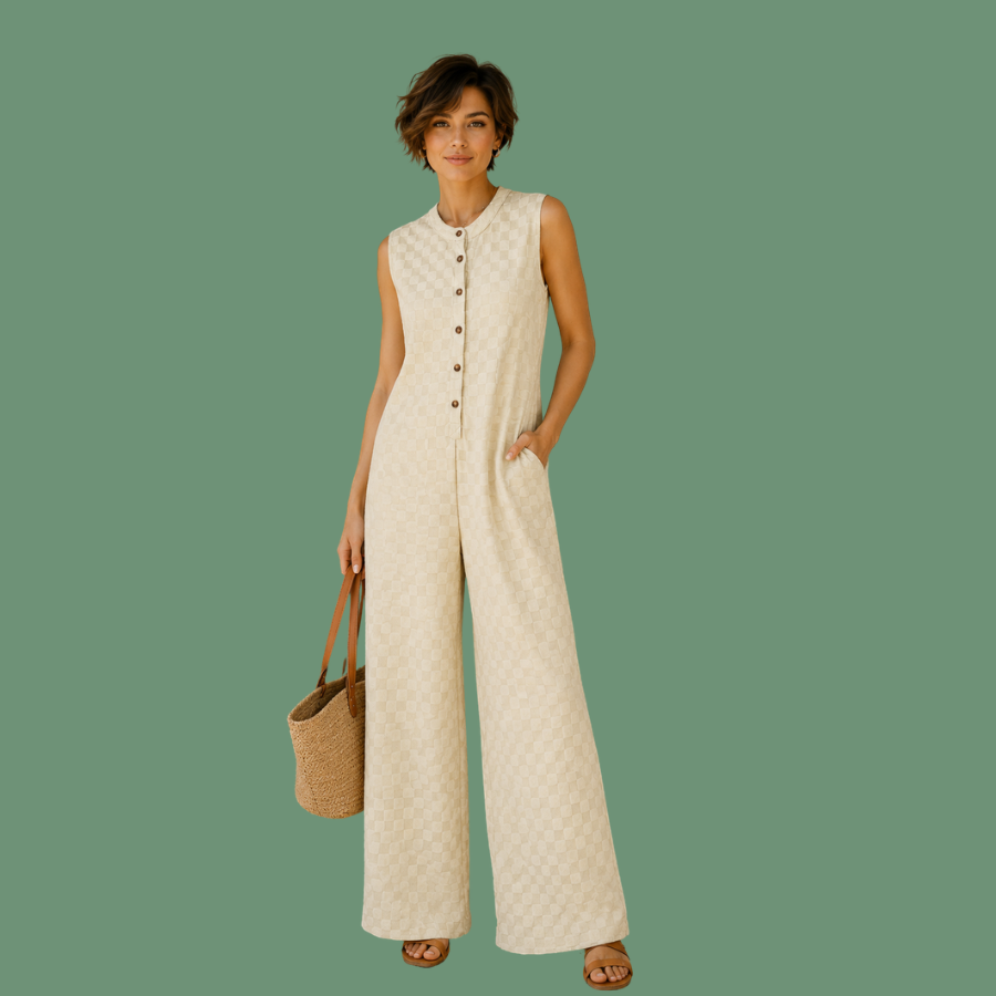 Checker Textured Sleeveless Wide Leg Jumpsuit
